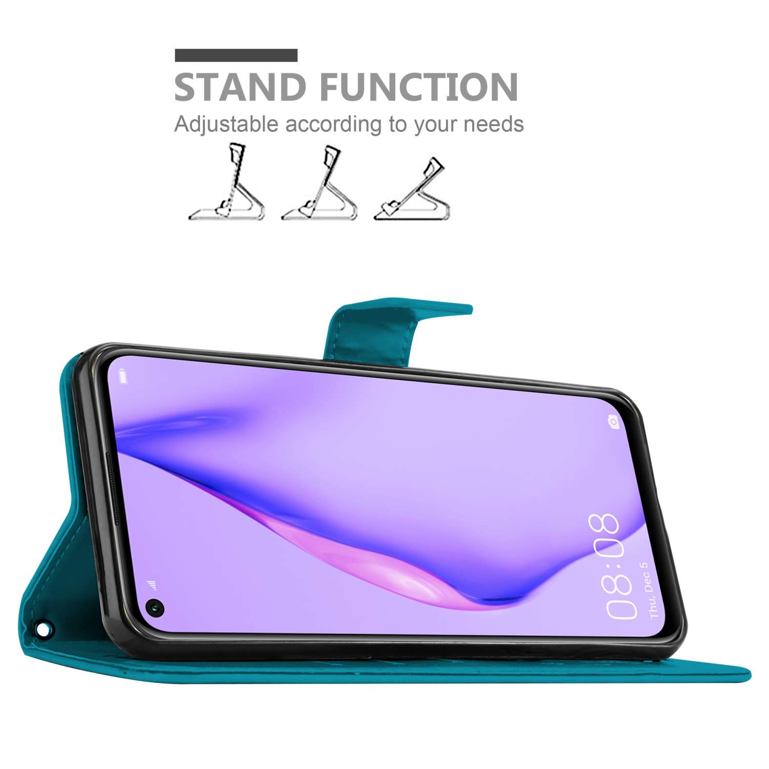 Custodia per telefono color teal con telefono che mostra schermo e illustrazioni della funzione stand.