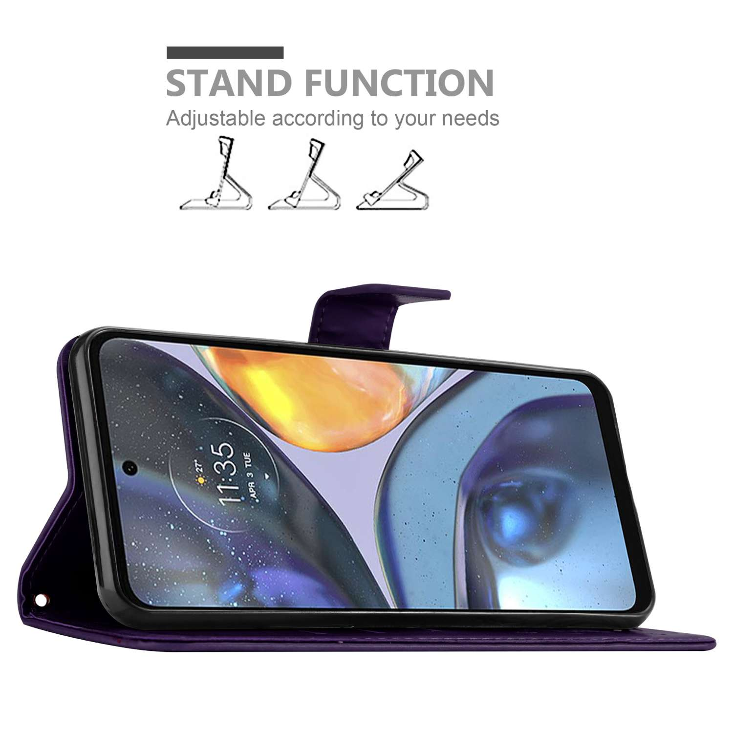 Violette Handyhülle mit einem Telefon darin. Die Hülle hat eine Standfunktion mit einstellbaren Positionen.
