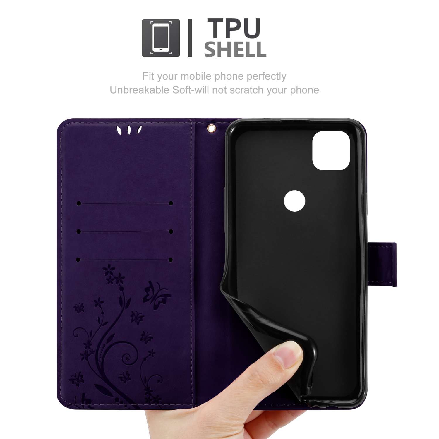 Custodia del telefono viola aperta, con custodia nera all'interno. Mano che tiene la custodia nera.