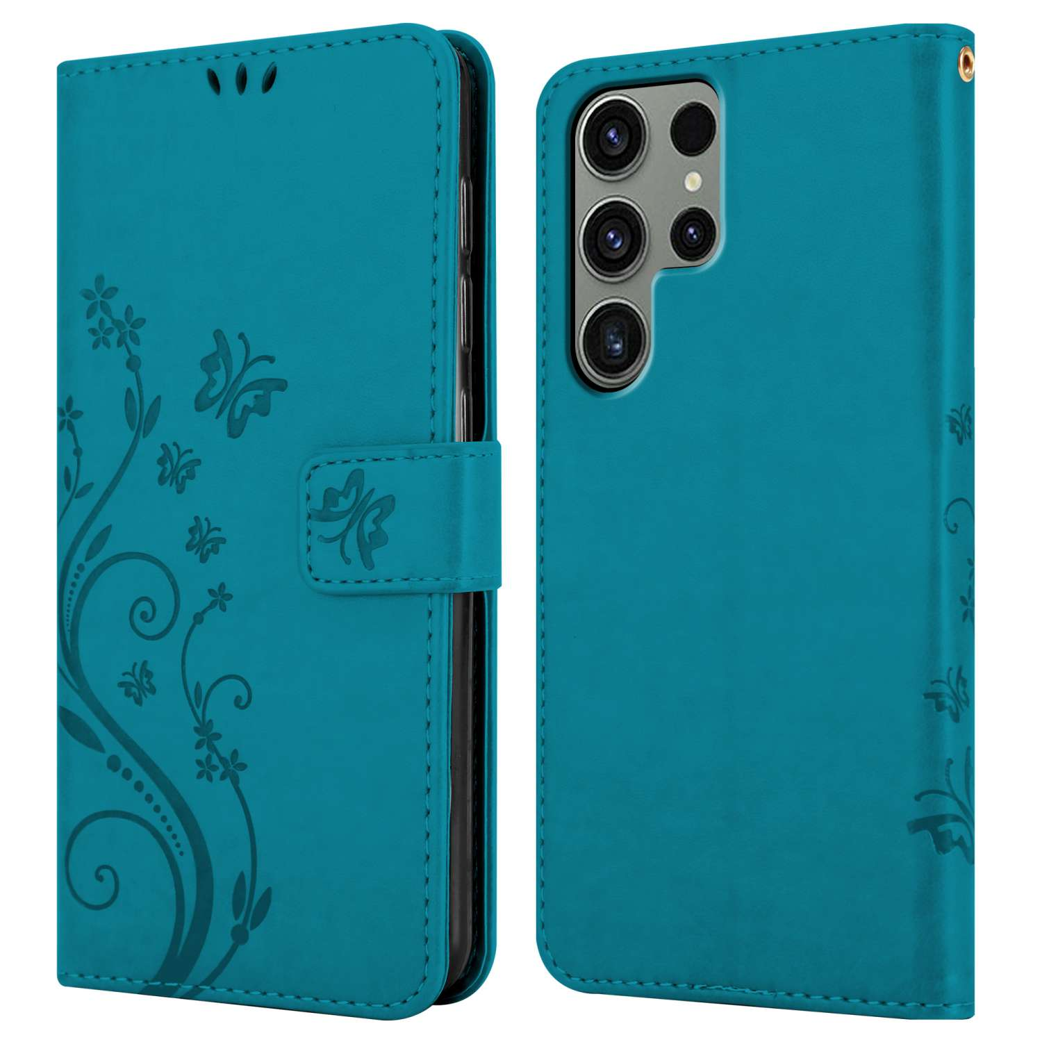 Custodia per telefono color turchese, chiusa e aperta, che mostra un design floreale e telefono con lenti.