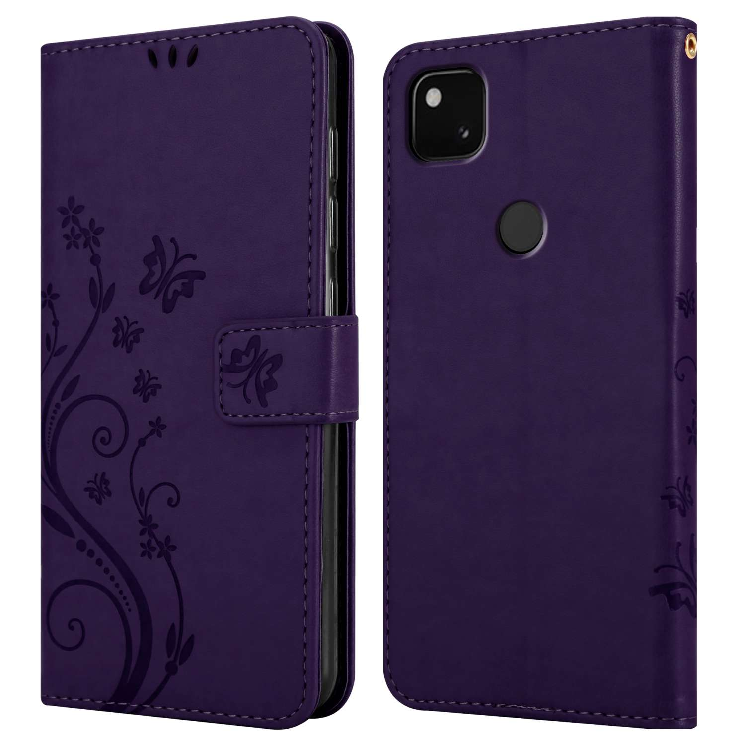 Custodia viola per telefono, due lati visibili. Design floreale. Sfondo bianco.