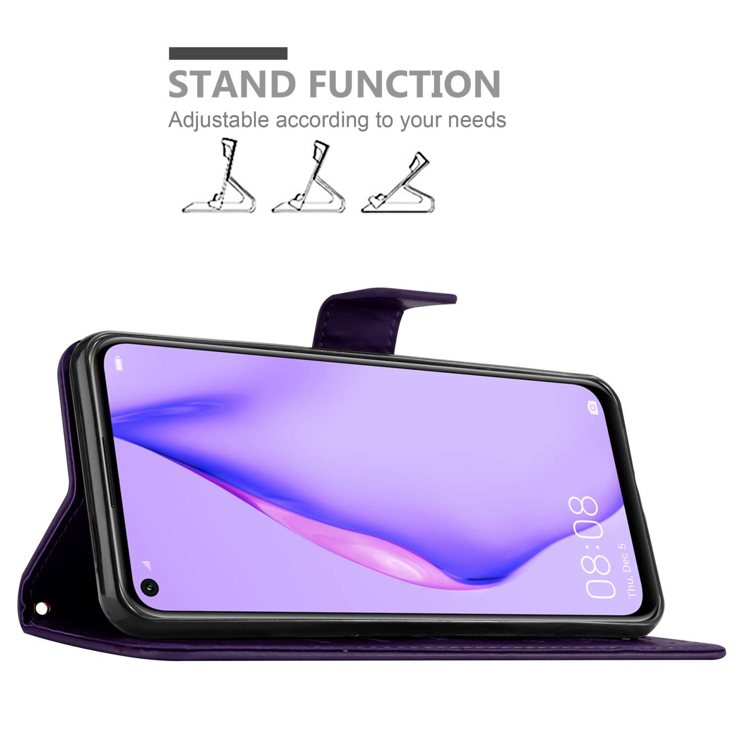 Un telefono in una custodia viola, con funzione supporto visualizzata. Il telefono mostra l'ora.