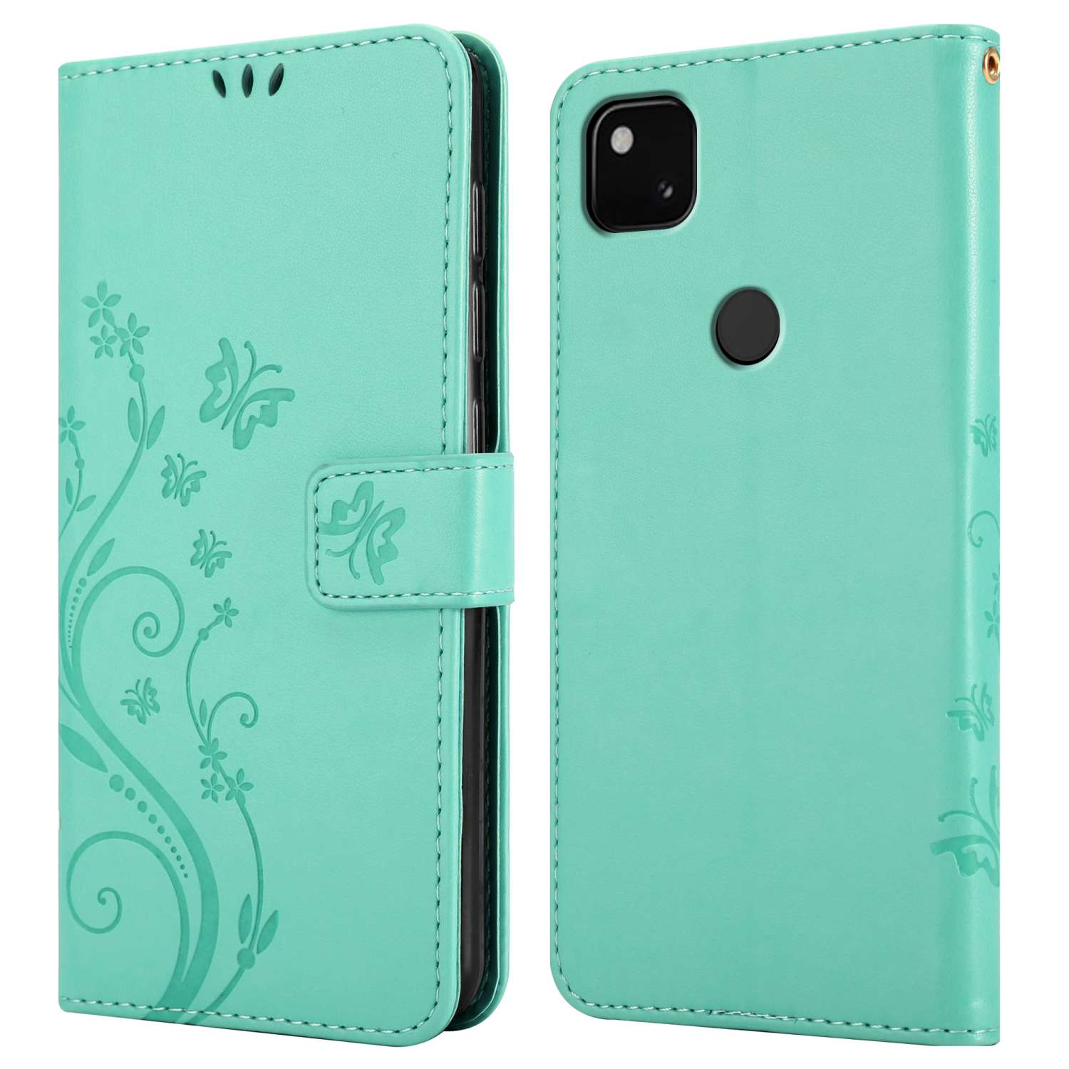 Custodia per telefono verde menta chiusa con design a fiori e farfalle. Telefono con fotocamera a destra.
