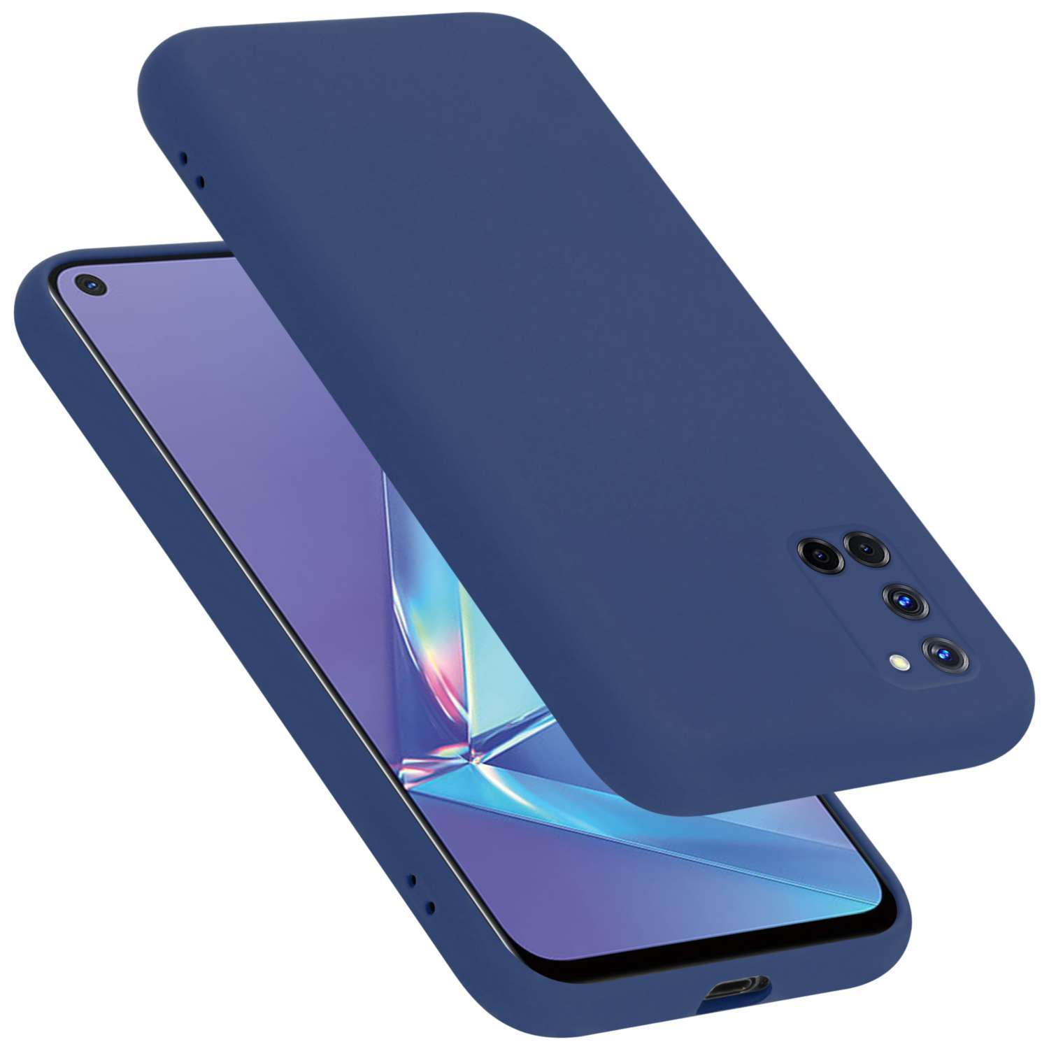 Blaue Handyhülle und Telefon. Die Hülle ist leicht über dem Bildschirm angehoben.