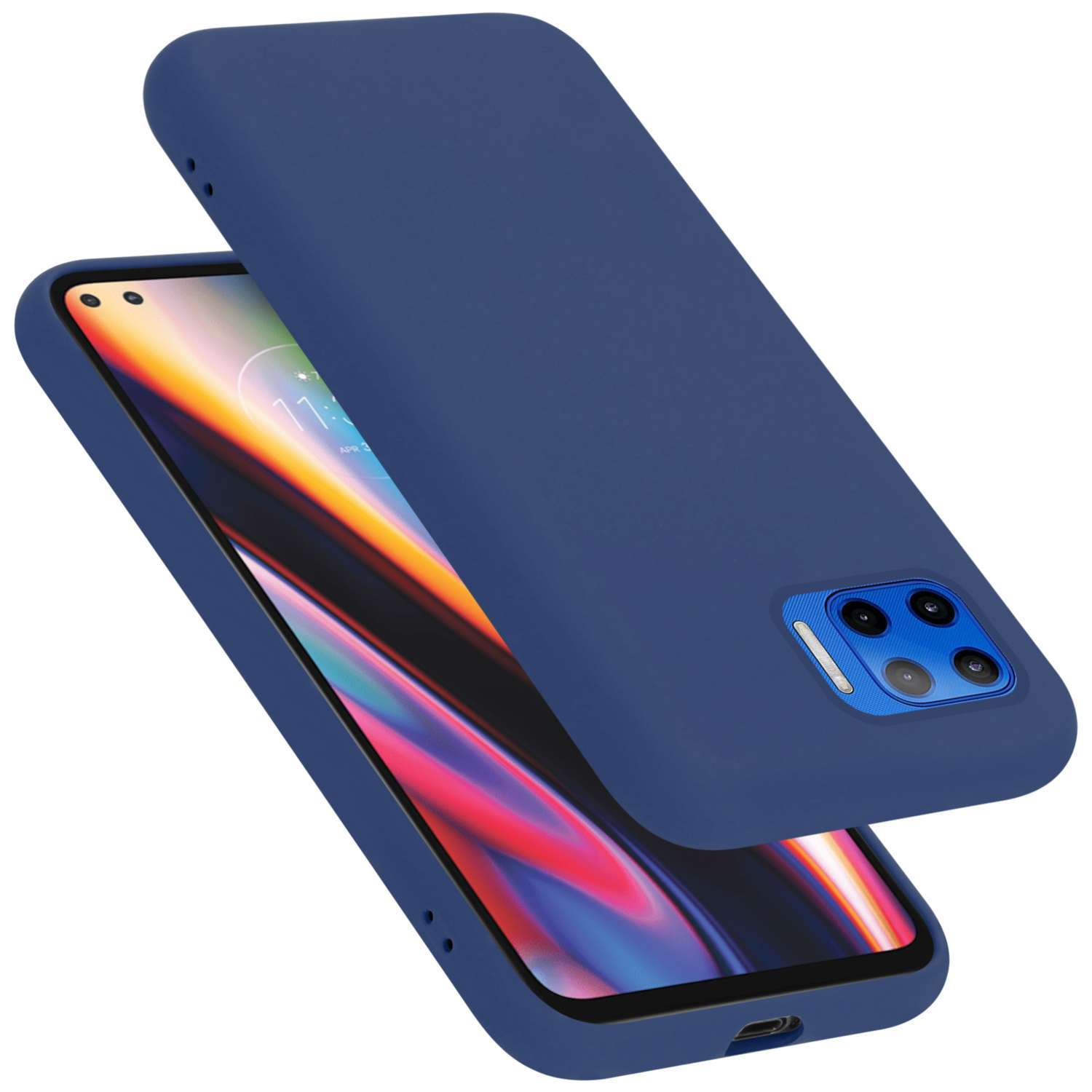 Custodia blu per telefono con telefono all'interno, angolata. La custodia è sopra il telefono.