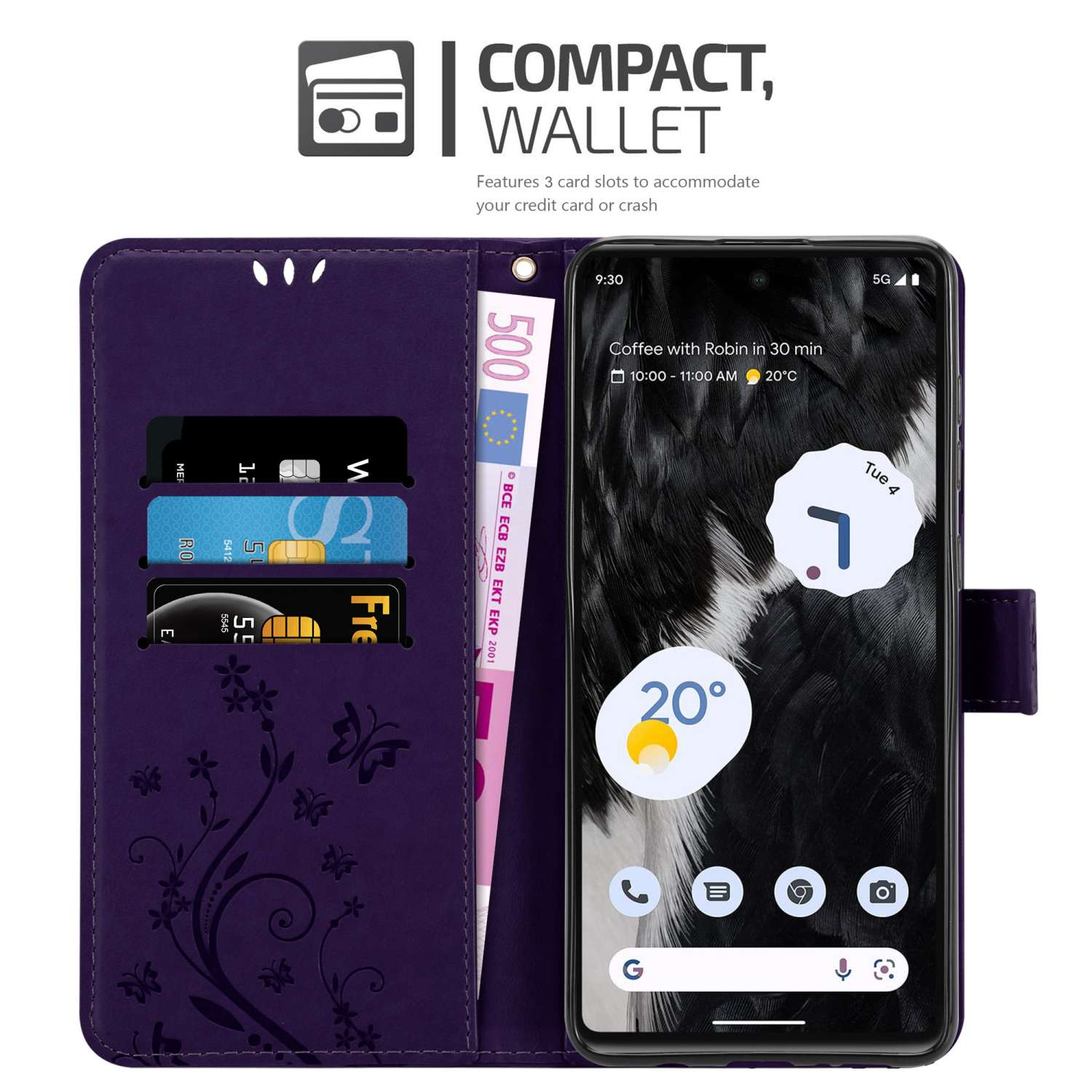 Una custodia a portafoglio viola con un telefono che mostra l'ora e un calendario.
