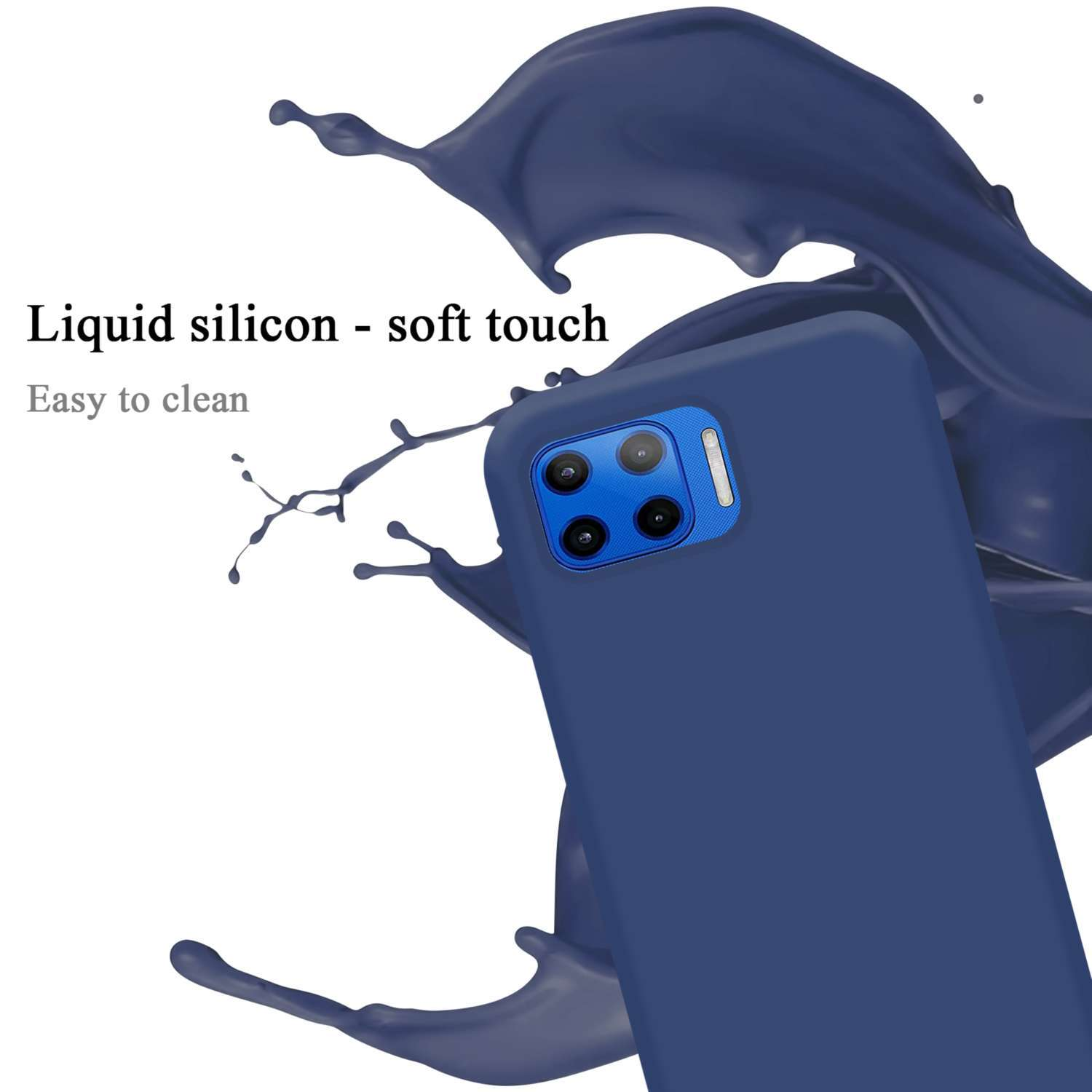 Una custodia blu per telefono con più lenti della fotocamera ed effetto schizzo di liquido.