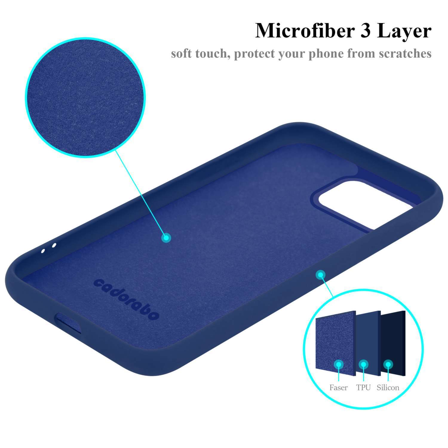 Interno di una custodia blu con uno strato in microfibra. Testo: 'Microfibra a 3 strati'.