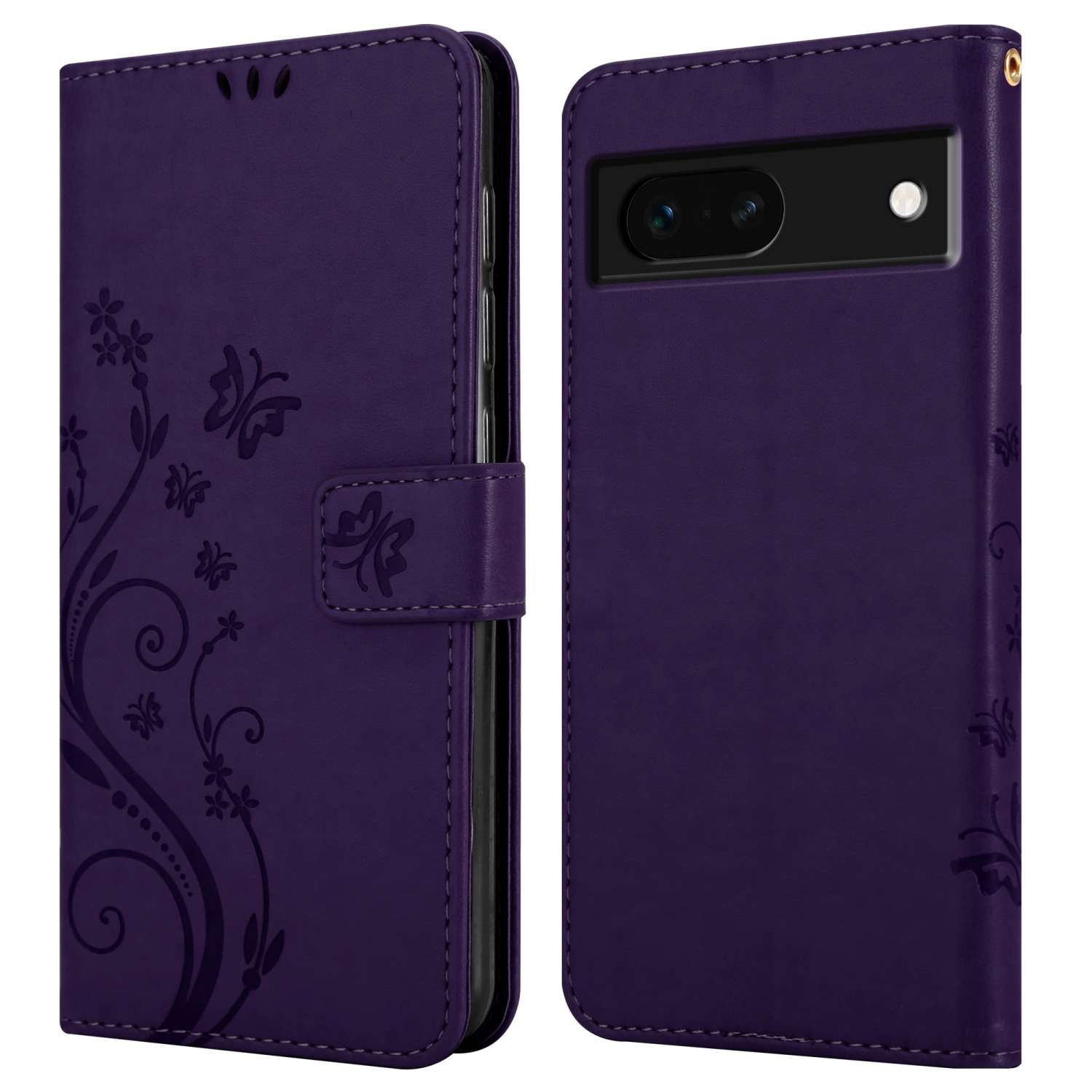 Custodia viola aperta, con design floreale e telefono all'interno.