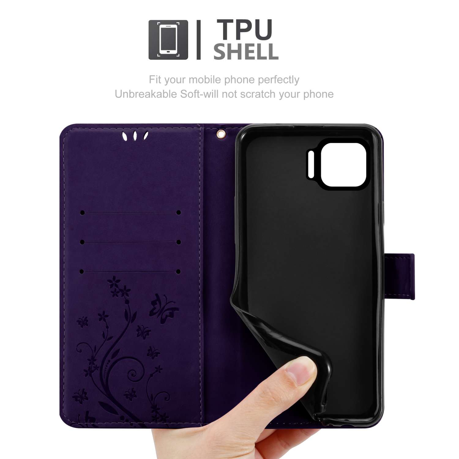 Custodia per telefono viola con un design floreale. La custodia è aperta, rivelando il supporto nero e la mano.