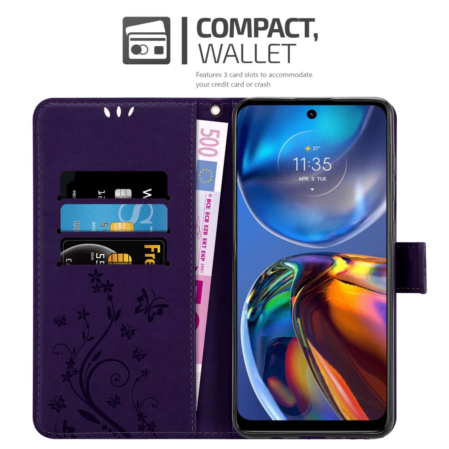 Una custodia per telefono viola con fessure per carte e un telefono dentro, con una banconota.