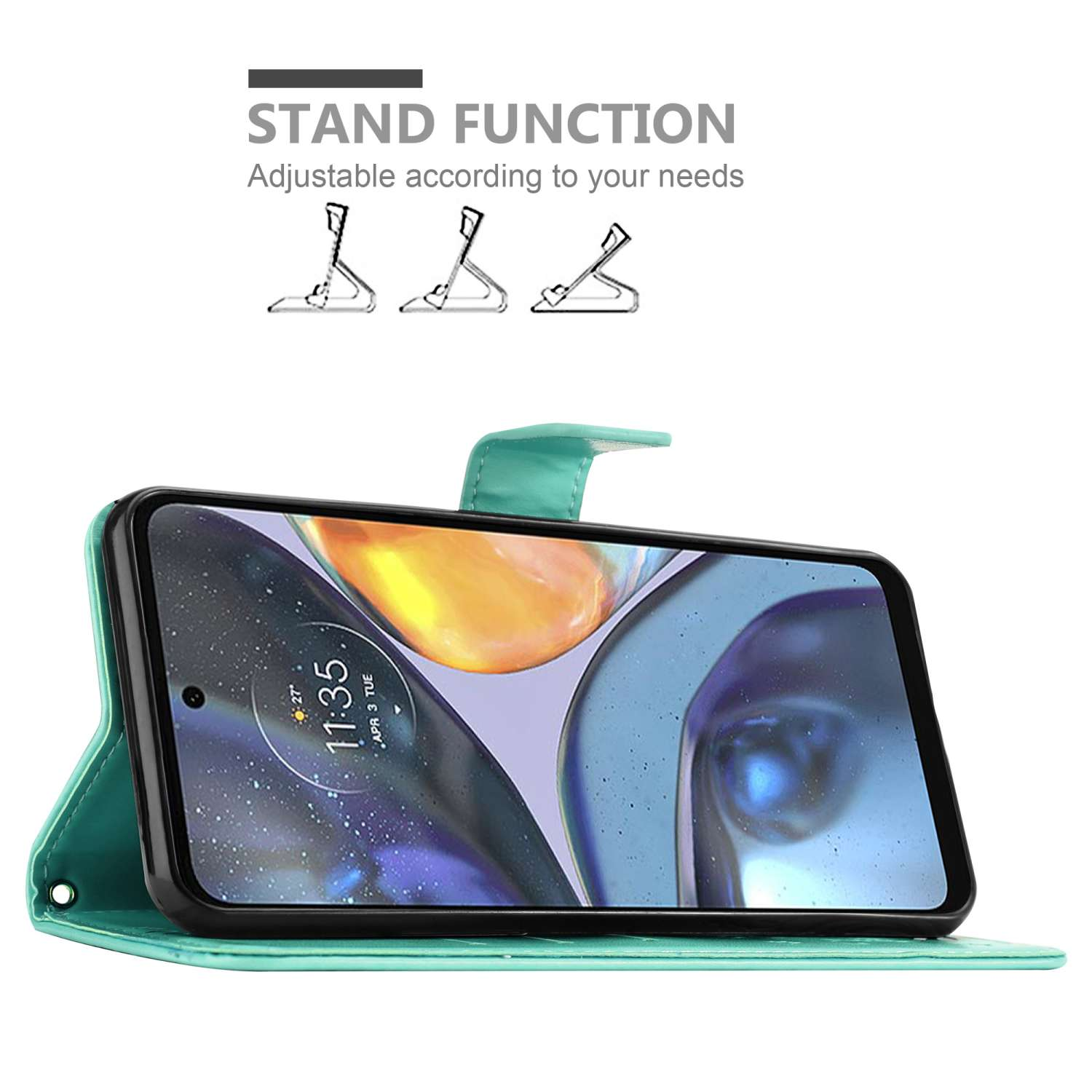 Telefono in custodia verde acqua, funzione supporto, varie posizioni mostrate.