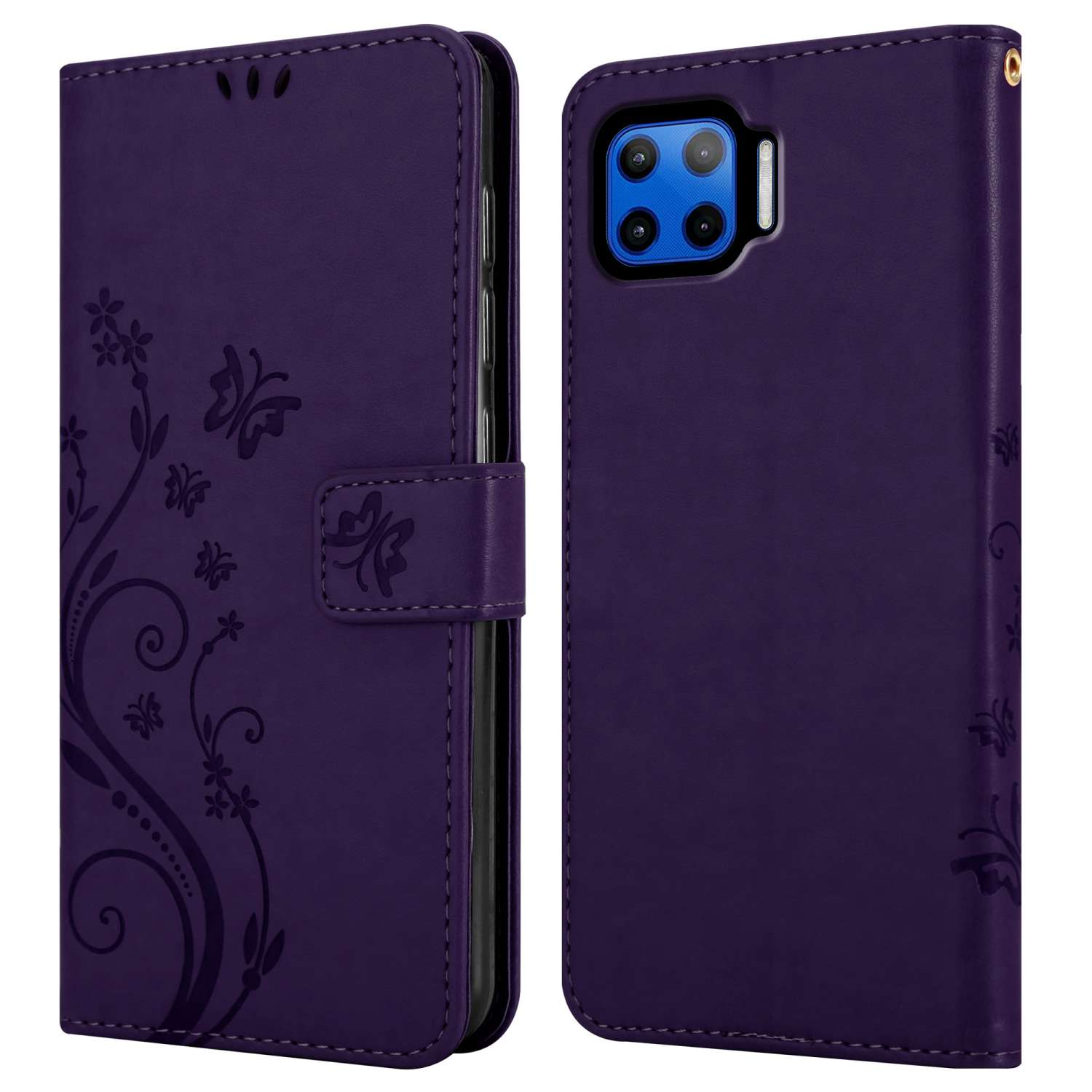 Custodia per telefono viola, aperta e chiusa, con design floreale, sfondo bianco.