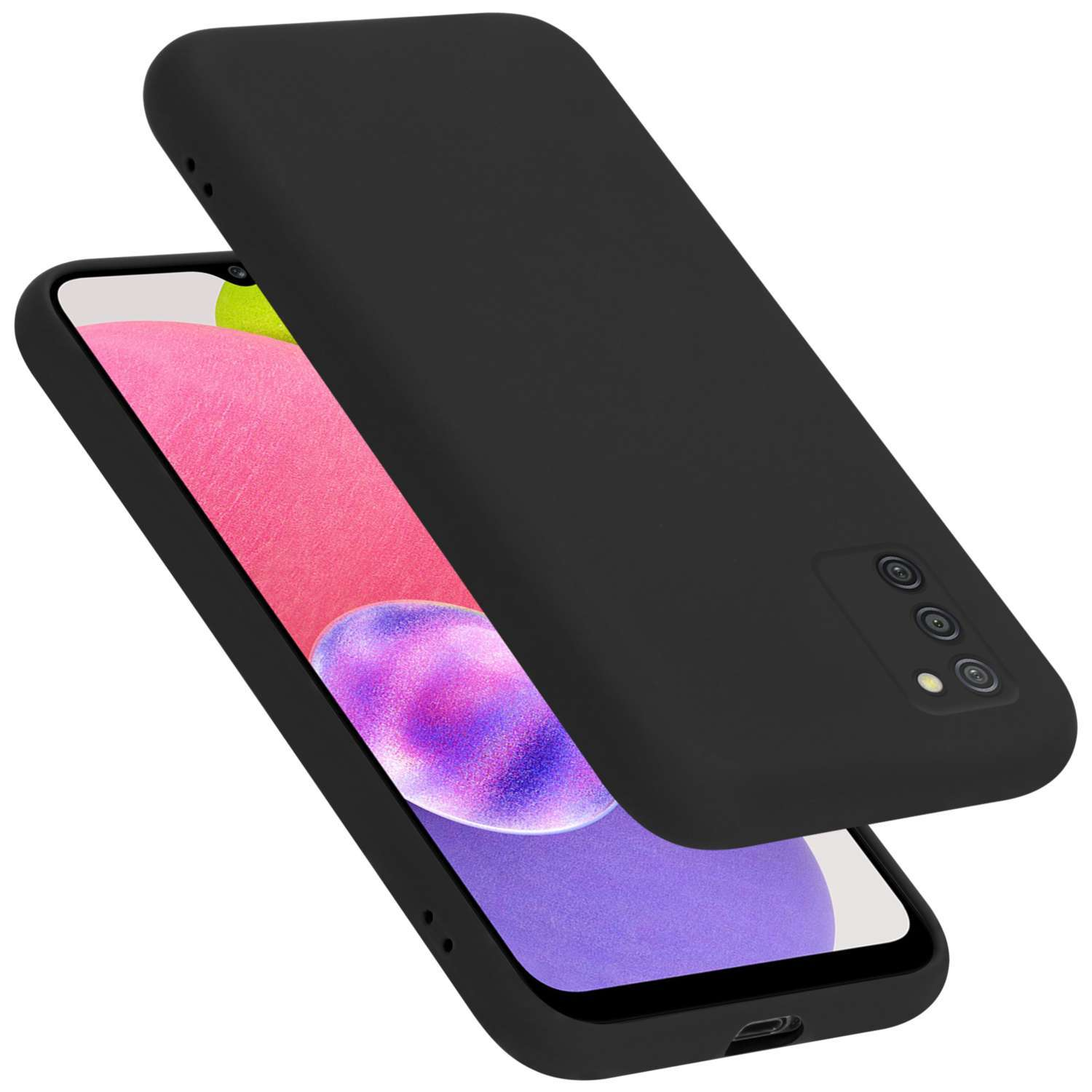 Eine schwarze Handyhülle wird mit einem Telefon im Inneren gezeigt. Das Telefon hat mehrere Kameras.