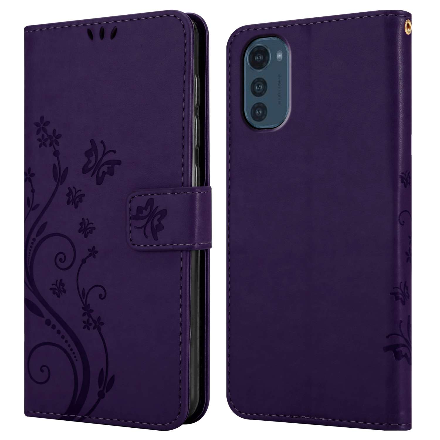 Una custodia per telefono viola, aperta e chiusa. Presenta un design a farfalle e floreale sul davanti.