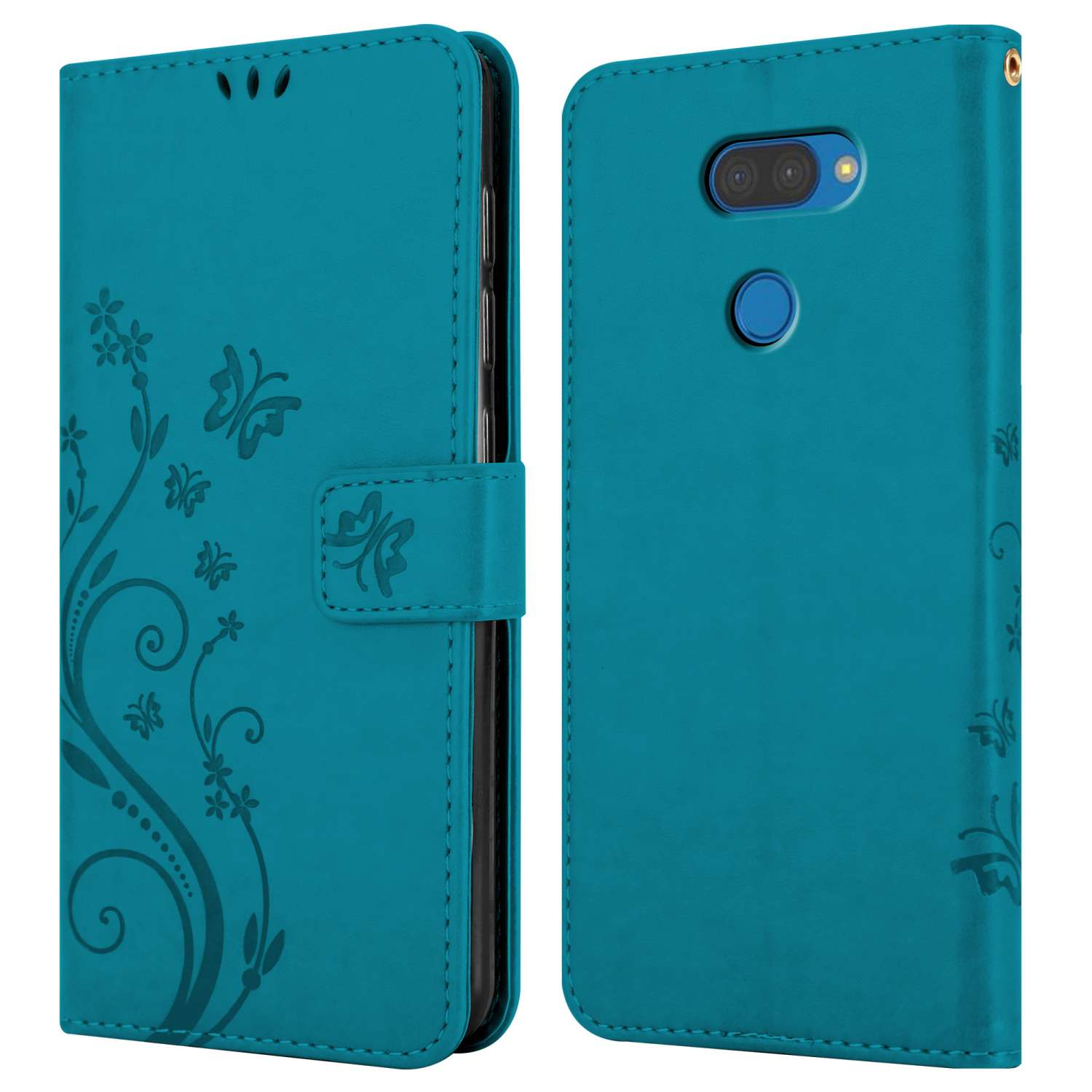 Custodia per telefono turchese, aperta e chiusa. Design floreale sul davanti. Il retro ha fotocamera e pulsante.