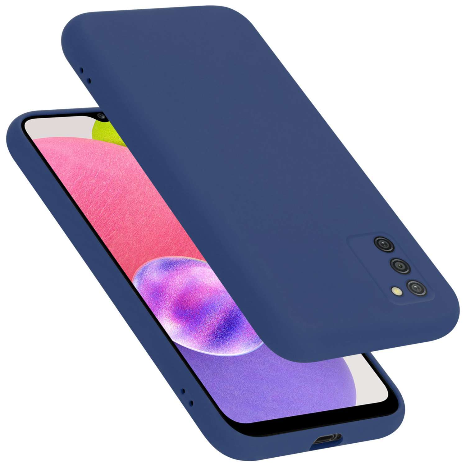 Eine dunkelblaue Handyhülle auf einem Handy, das die Rückseite und den Bildschirm zeigt. Das Telefon ist blau.