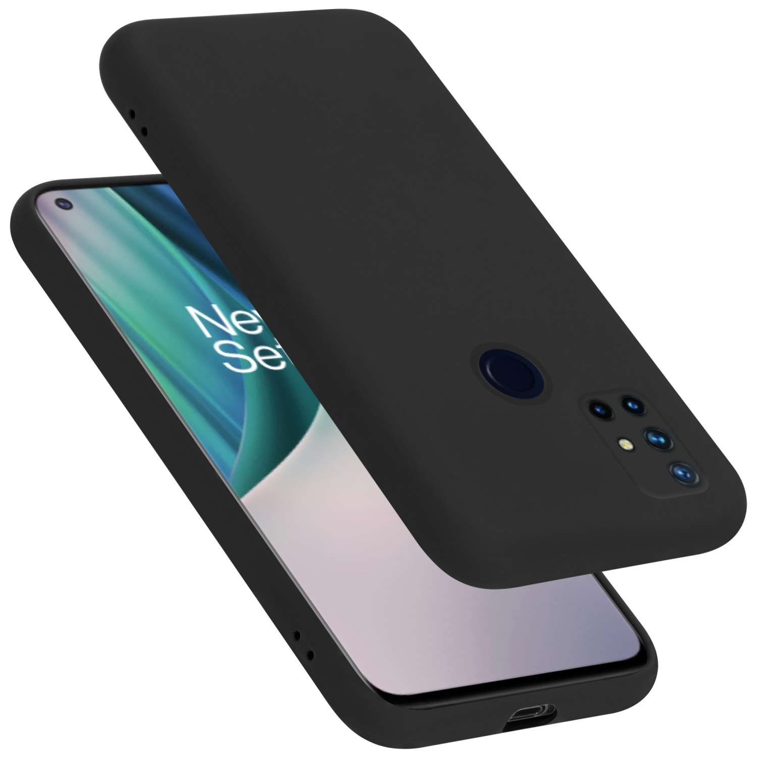 Schwarze Handyhülle mit Telefon darin, die Hülle ist geöffnet, und das Telefon zeigt den Bildschirm.