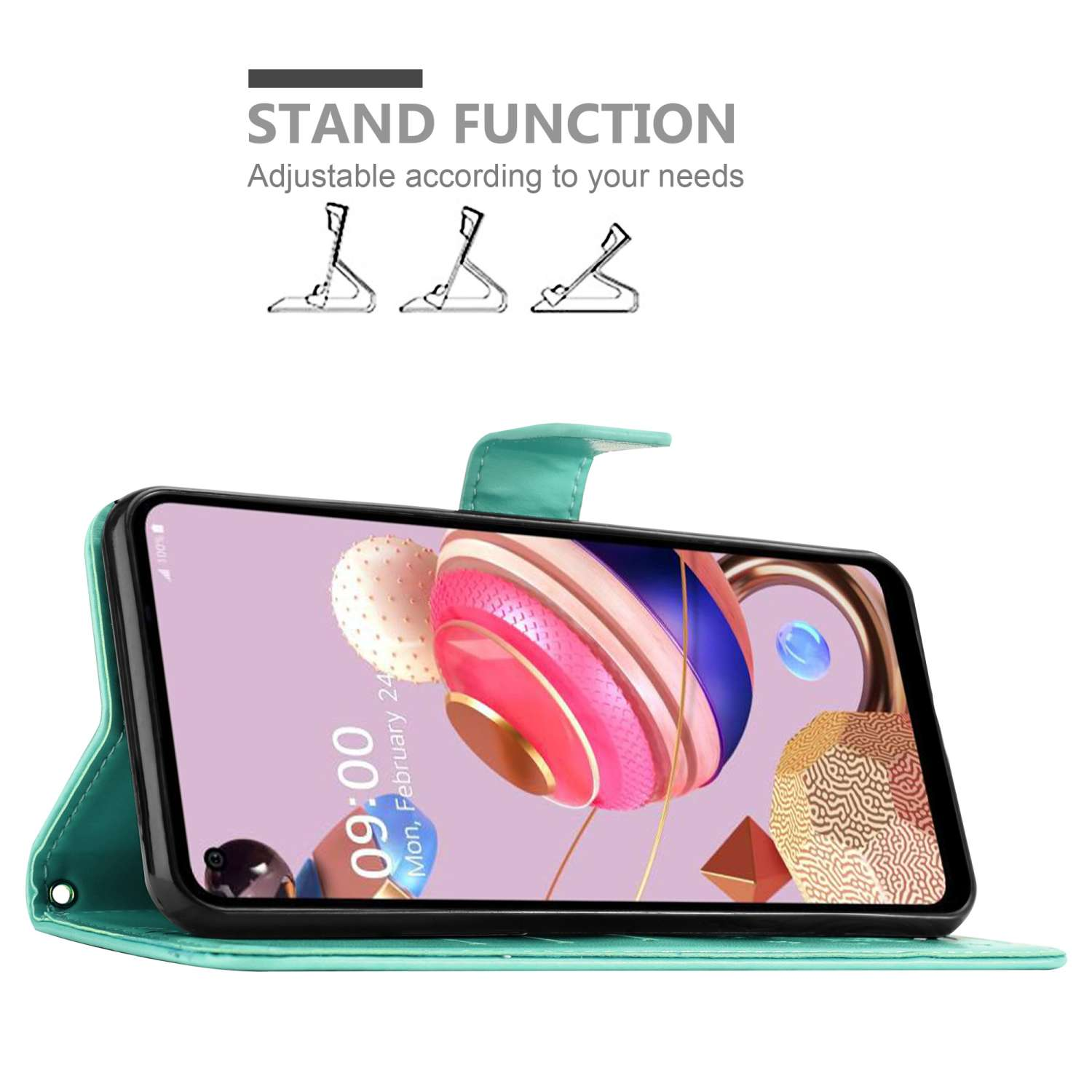 Custodia per telefono turchese con telefono in funzione stand. Schermo mostra sfondo colorato.