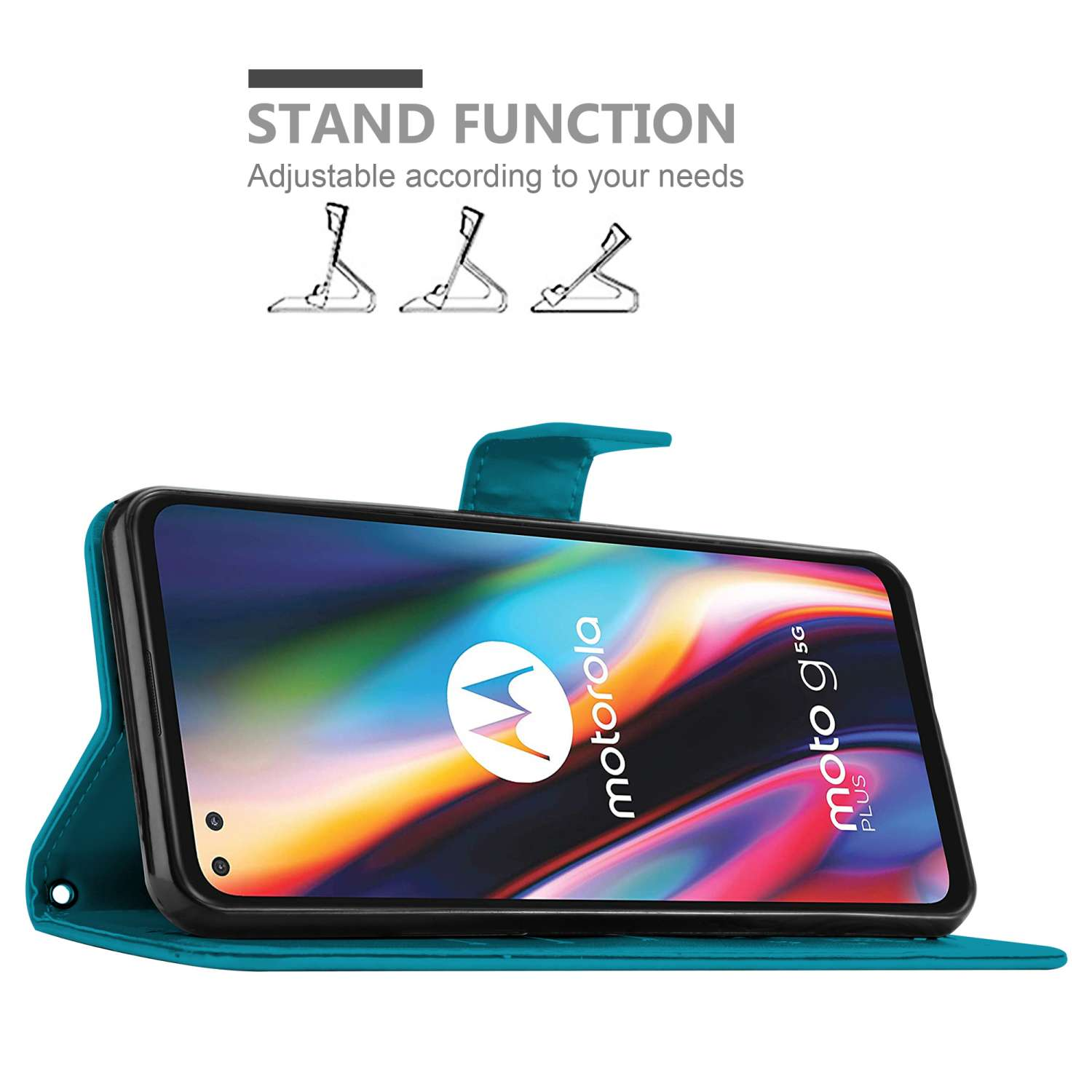 Custodia per telefono verde acqua con un telefono Motorola all'interno, puntellata per la funzione stand.