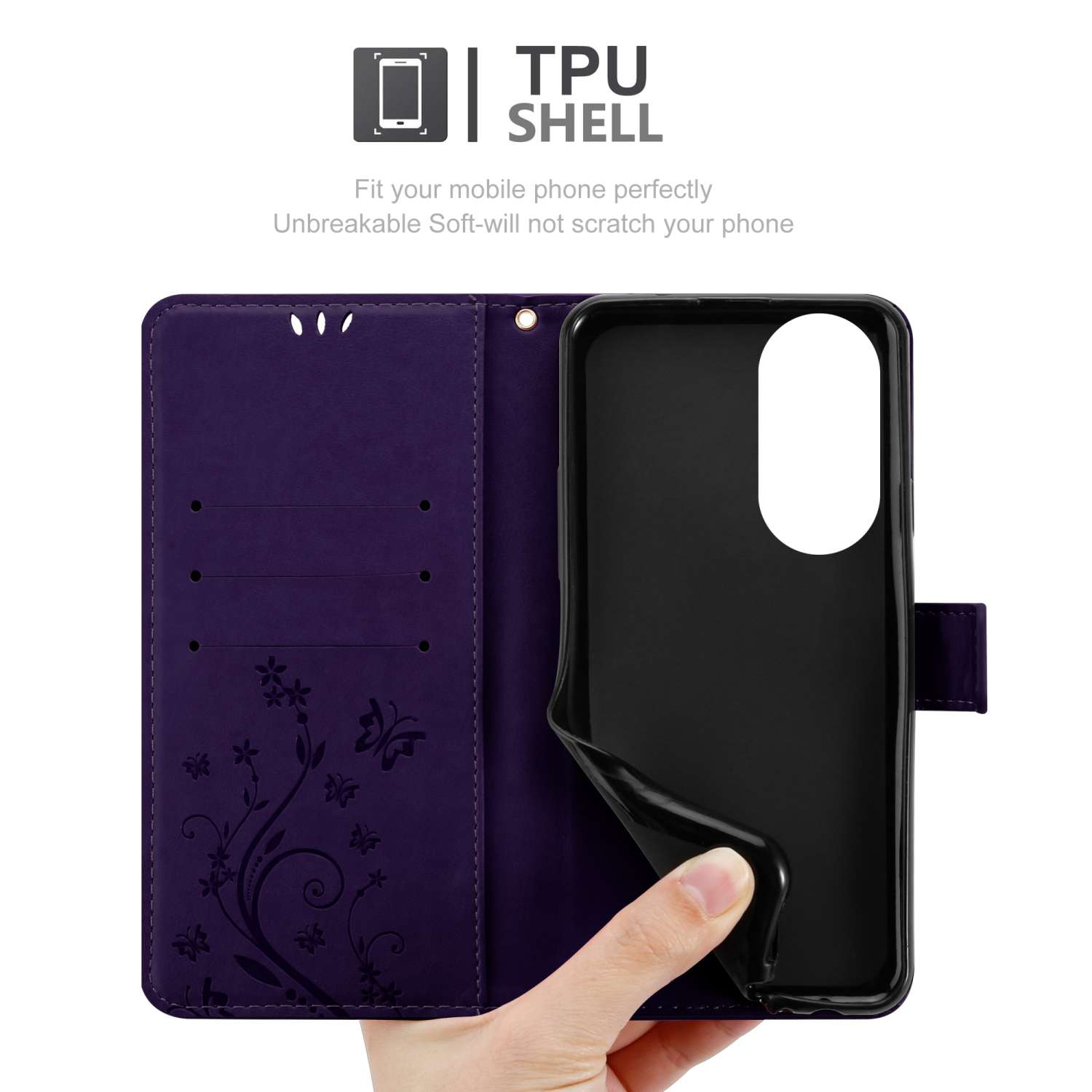 Custodia viola aperta, con design a farfalla, che mostra l'interno del telefono.