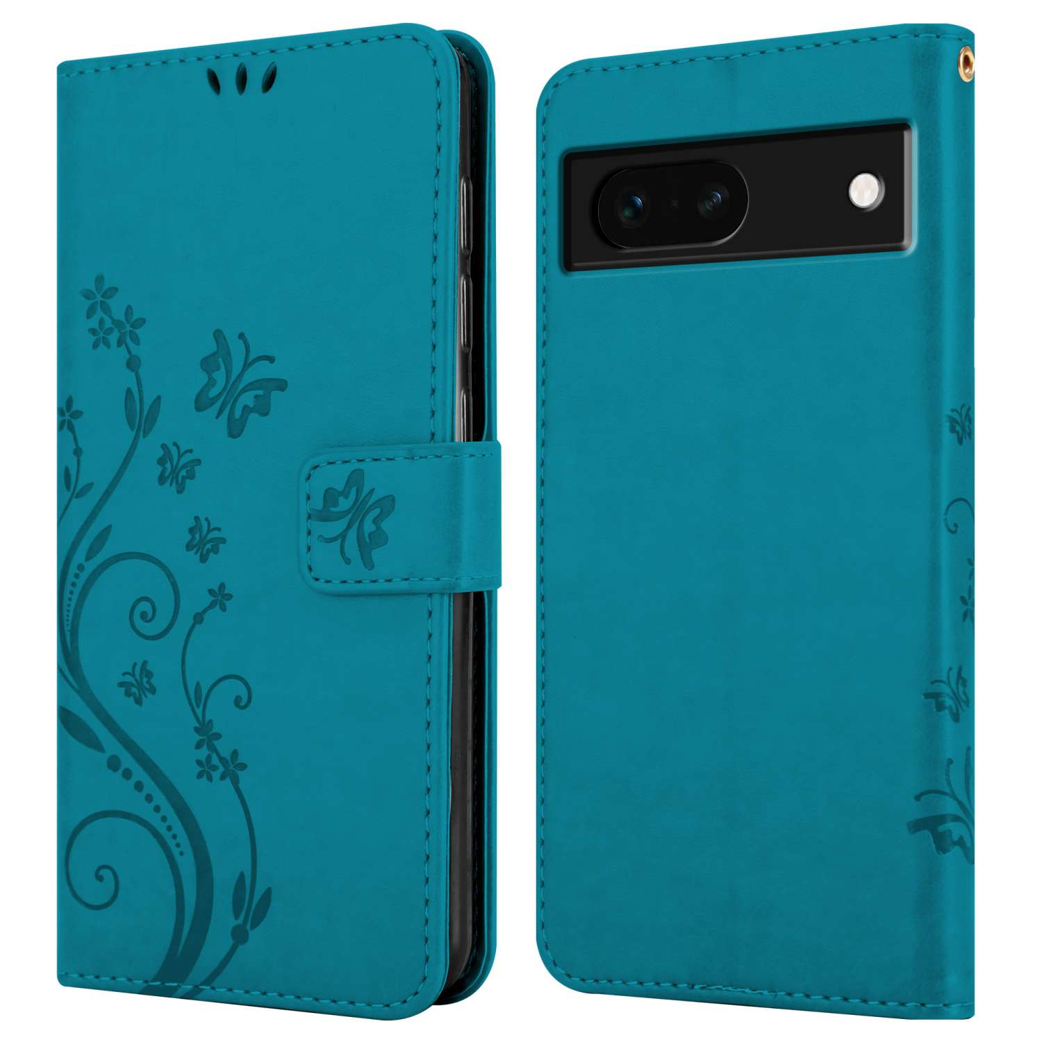 Custodia per telefono turchese con design floreale e farfalle, chiusura magnetica.