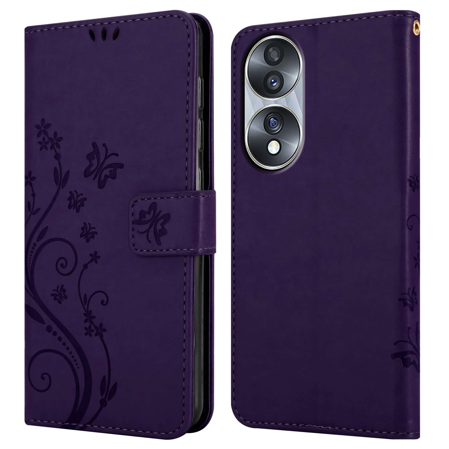 Custodia per telefono viola con motivo a farfalla e chiusura magnetica, aperta per rivelare il telefono.
