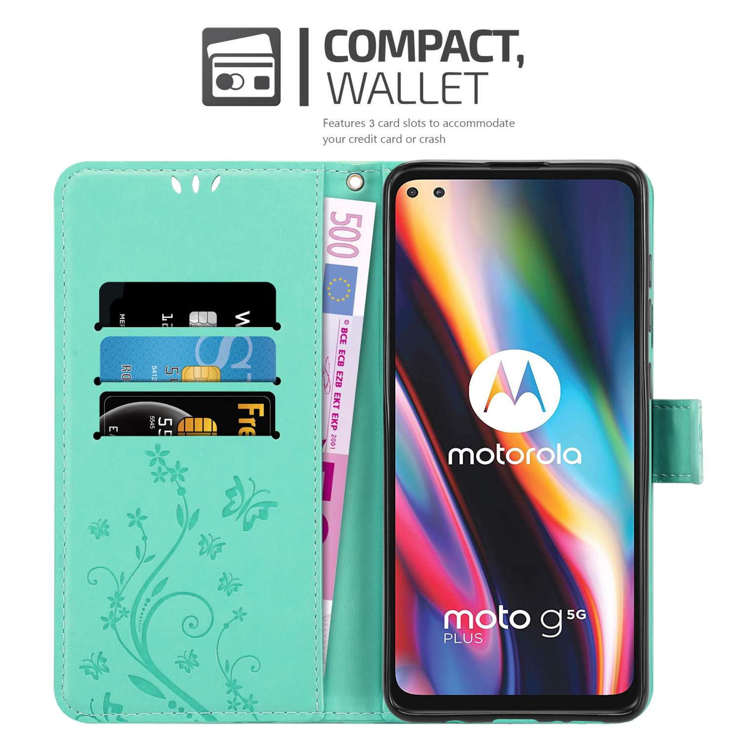 Custodia a portafoglio compatta verde menta. Con scomparti per carte, una banconota da 500 euro e un telefono Motorola.