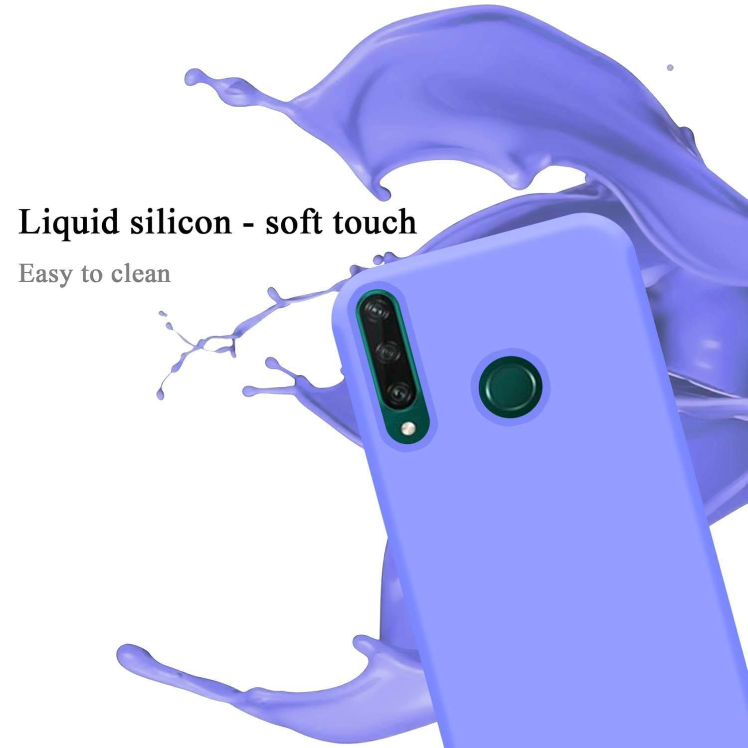 Lila Handyhülle, mit einem Spritzer Flüssigkeit an der Seite und einem Telefon. Text: Flüssiges Silikon, Soft-Touch, leicht zu reinigen.