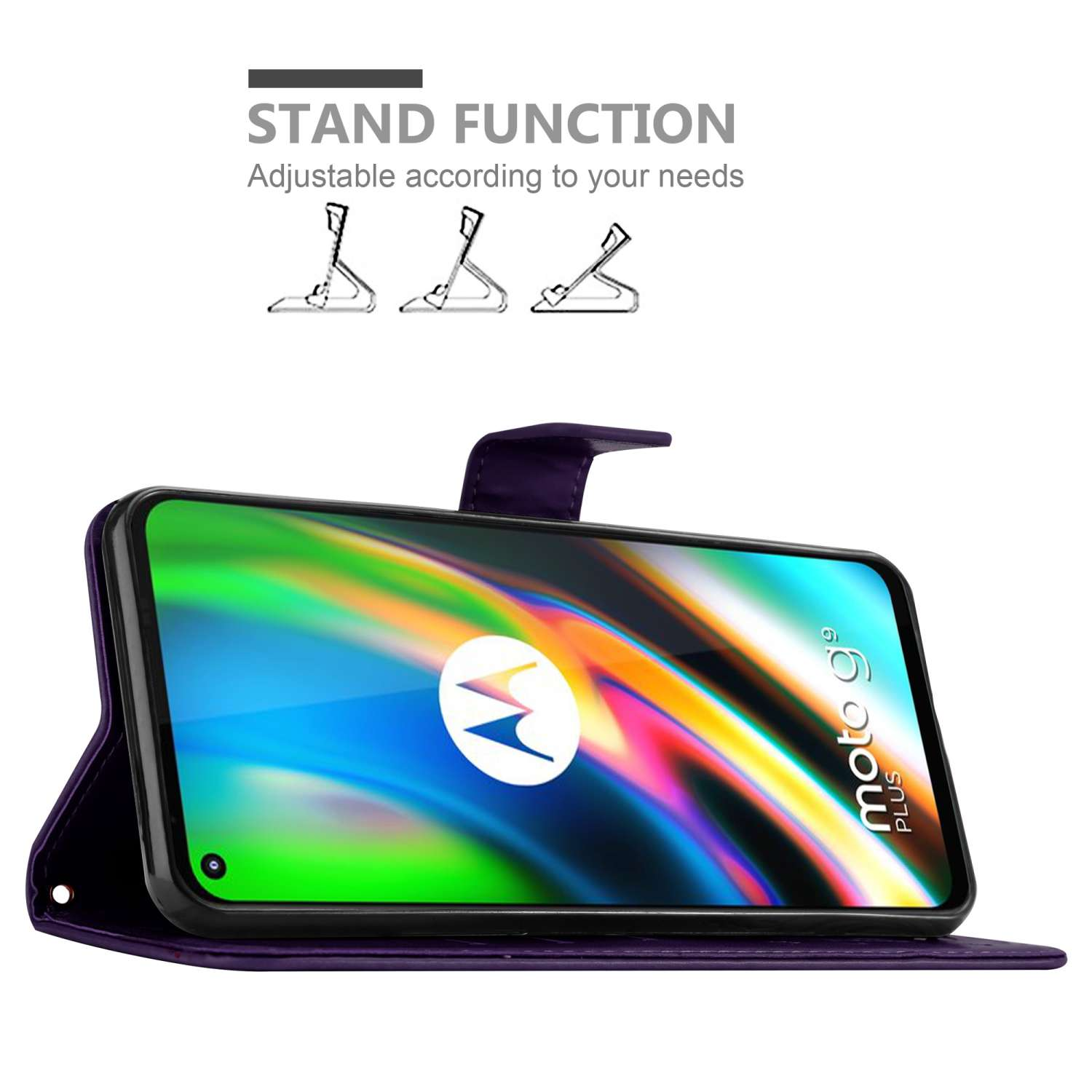 Custodia per telefono viola con funzione stand e un telefono. Testo: Funzione stand, regolabile in base alle tue esigenze.