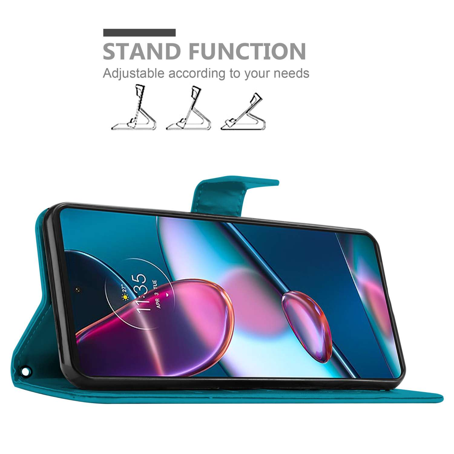 Una custodia per telefono turchese con un telefono all'interno, funzione di supporto e testo 'STAND FUNCTION'.