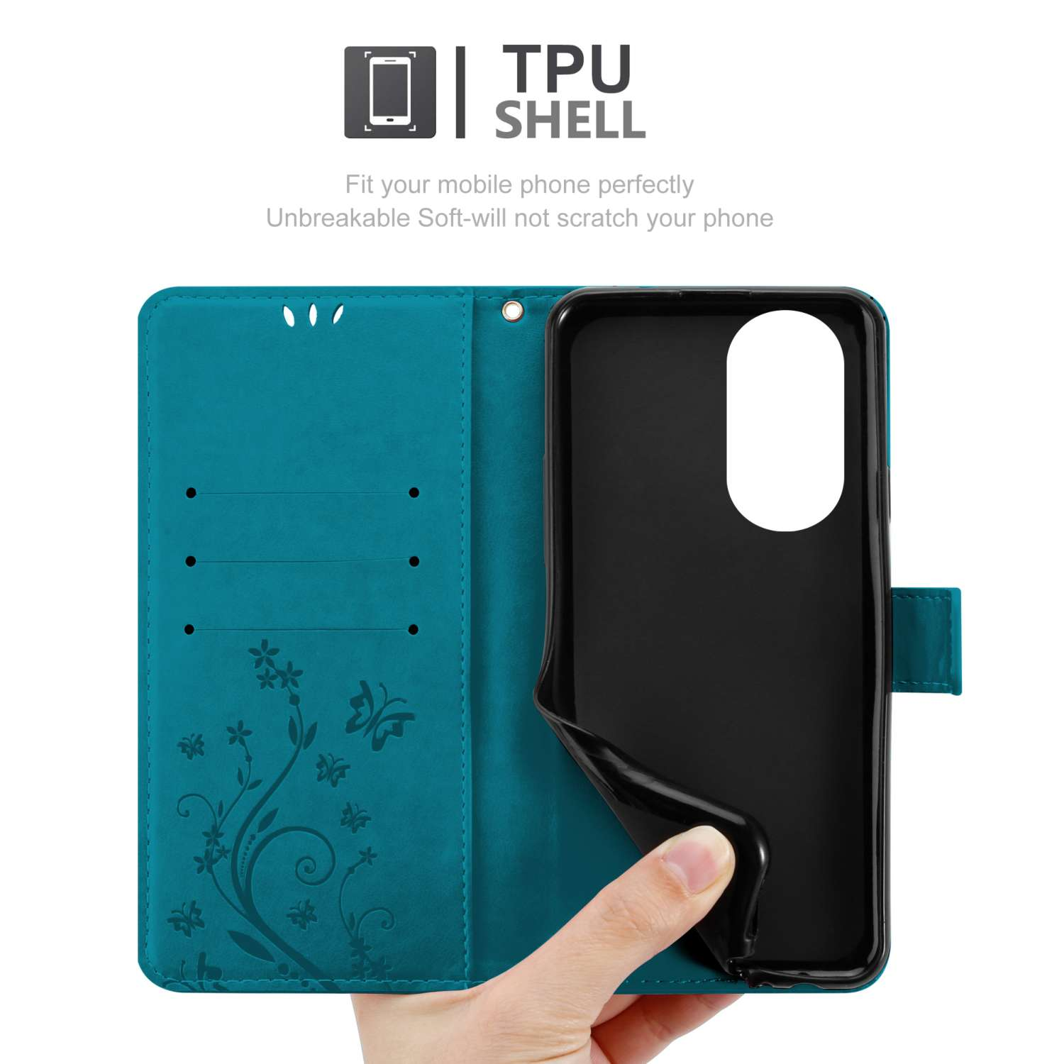 Una custodia per telefono turchese aperta, che mostra l'interno con spazio per carte e un telefono. Una mano tiene il telefono.