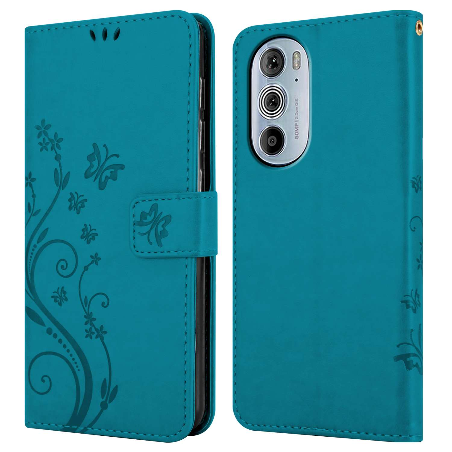 Custodia per telefono verde acqua, aperta e chiusa, con design floreale. La custodia è su una superficie bianca.