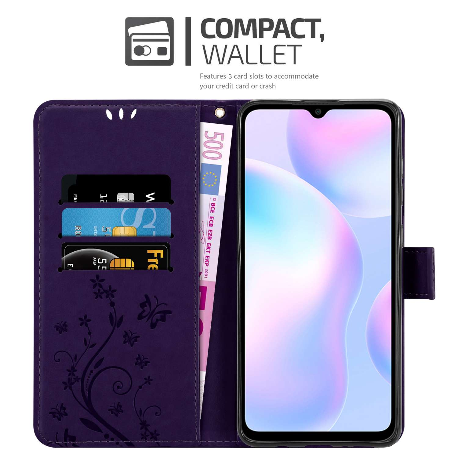 Custodia per telefono viola a portafoglio con carte e denaro. Il telefono è visibile e ha un design floreale.