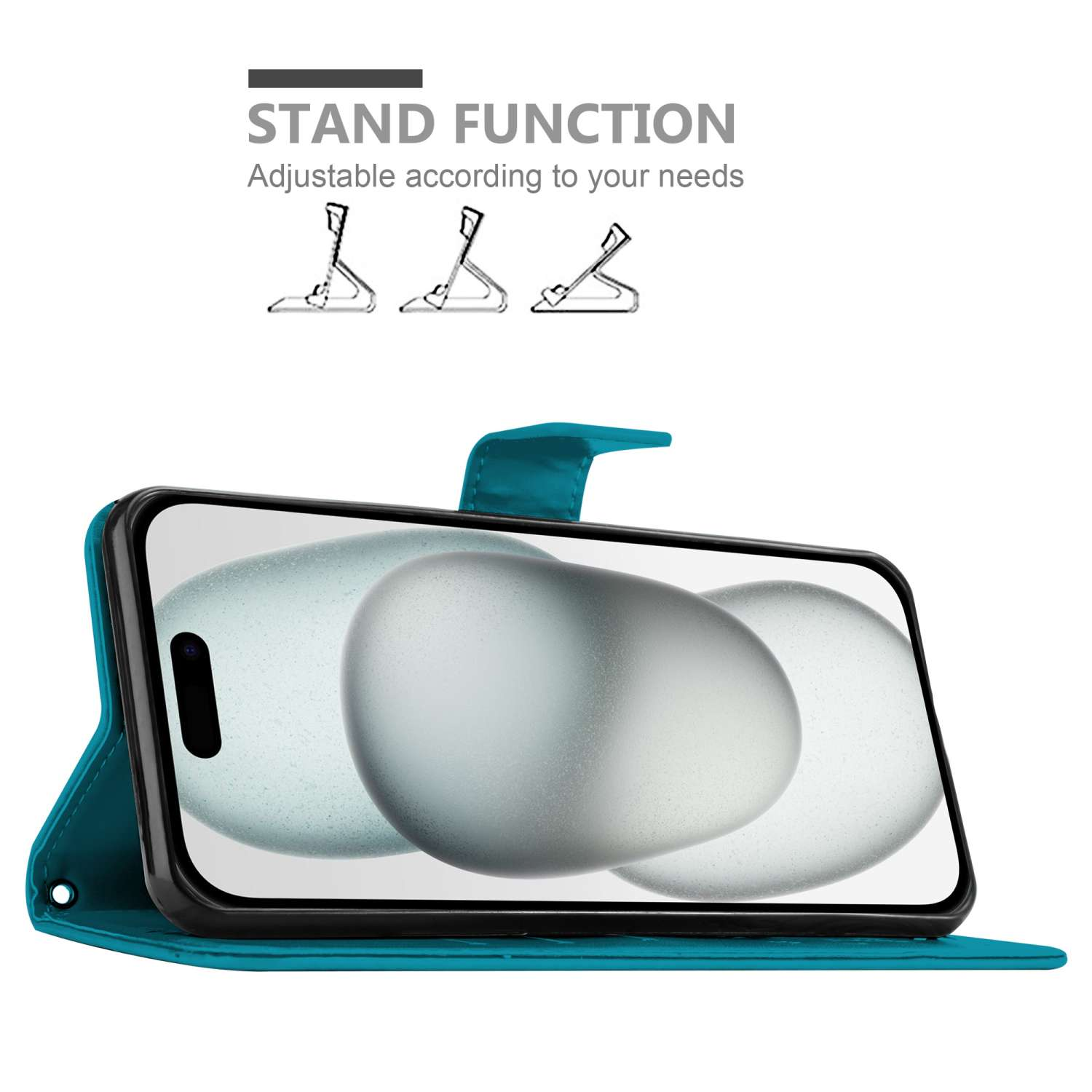 Custodia teal con telefono che mostra immagini. Testo: 'Stand Function'.