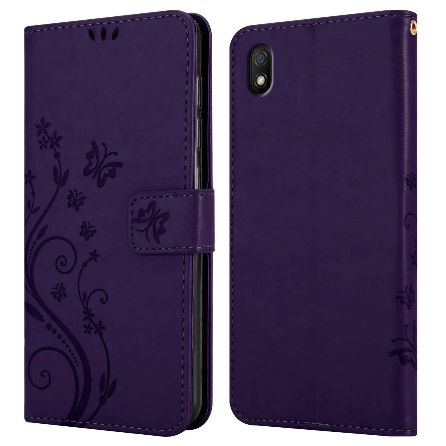 Custodia per telefono viola con un design floreale e una chiusura magnetica. Lo sfondo è bianco.