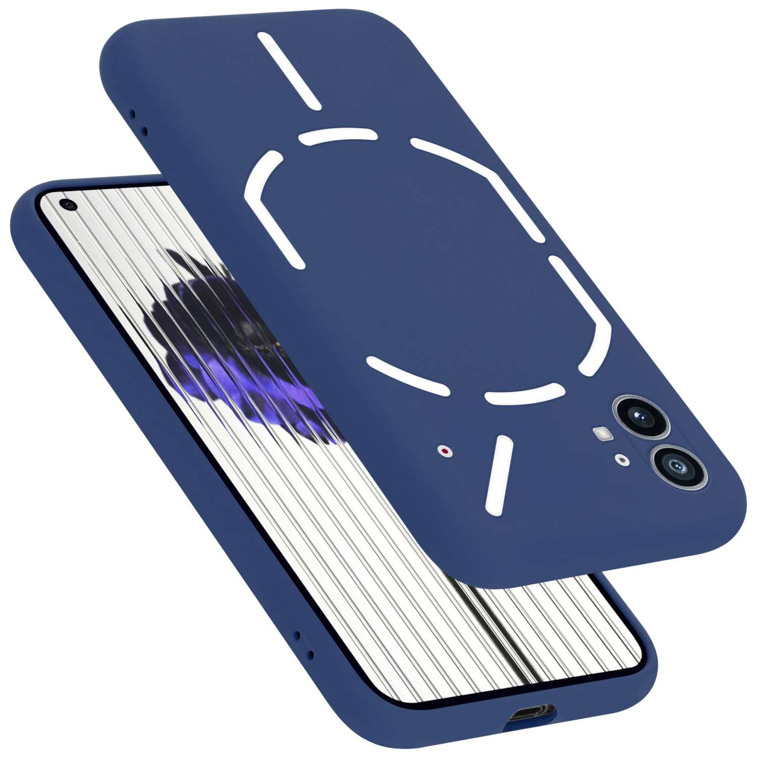 Eine blaue Handyhülle mit einem Telefon darin. Das Telefon ist blau und hat ein weißes Logo auf der Rückseite.