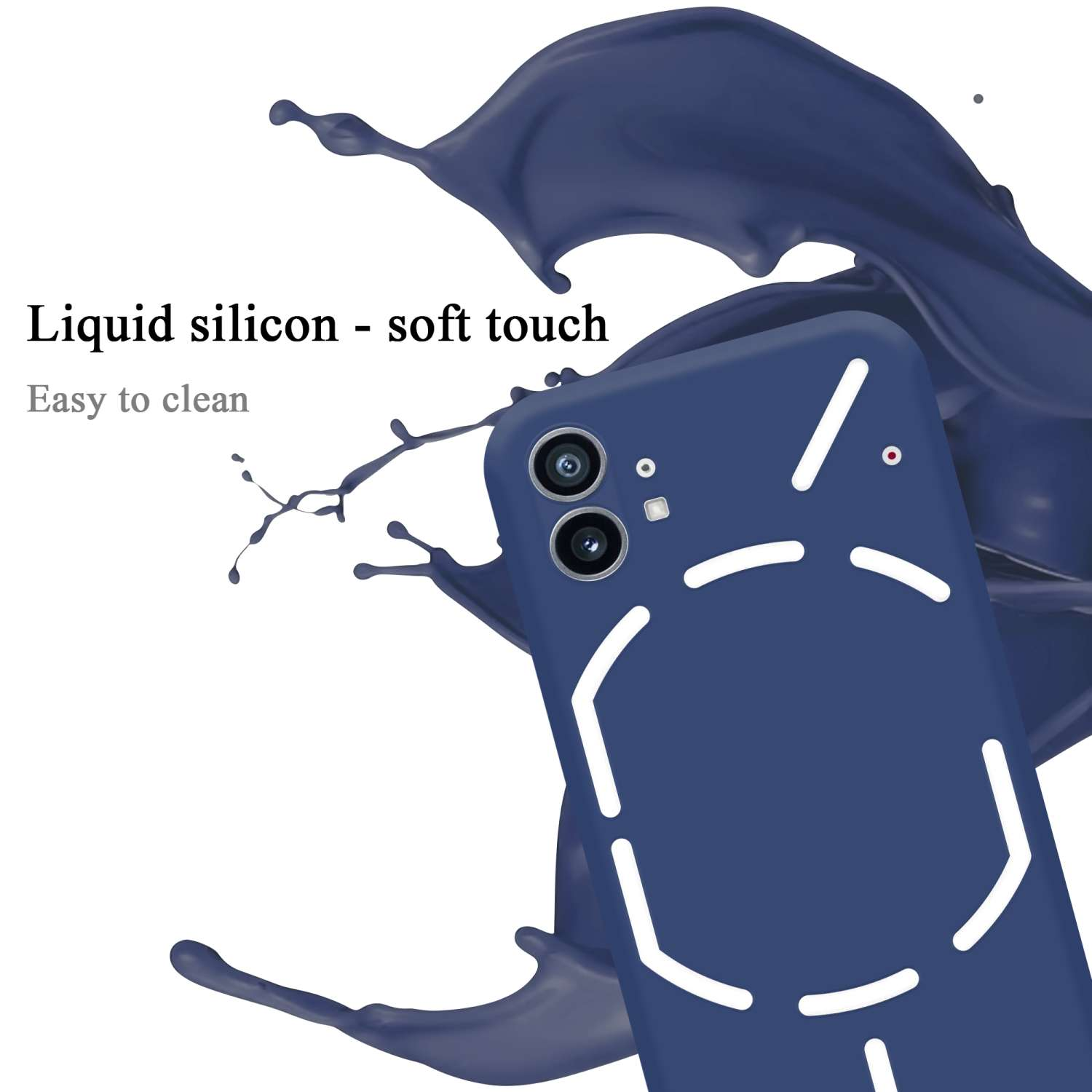 Blaue Handyhülle mit weißem Design und Spritzer. Weißer Hintergrund.