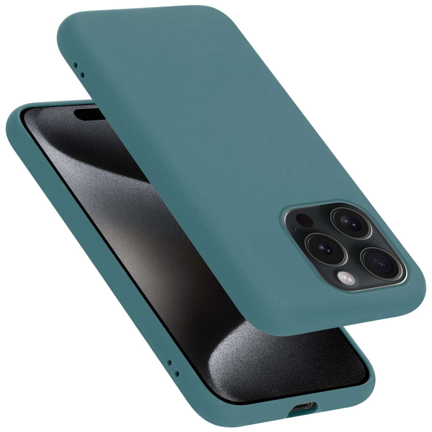 Türkisfarbene Handyhülle und Telefon. Das Telefon ist türkis mit drei Kameras, die Hülle darüber.