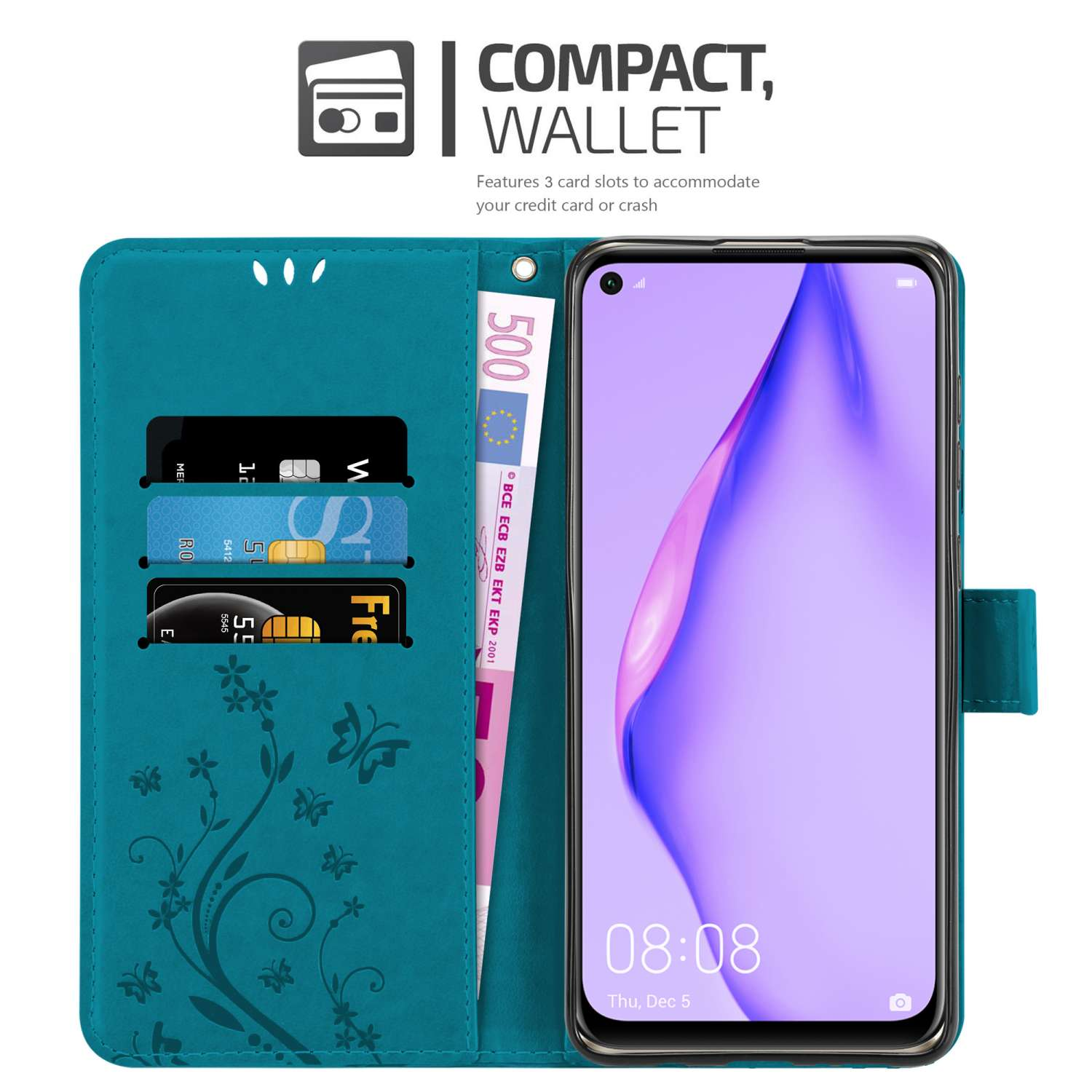 Hände einer Person, die ein lila Telefon in einer lila Hülle halten, mit benutzerfreundlichen Designdetails.