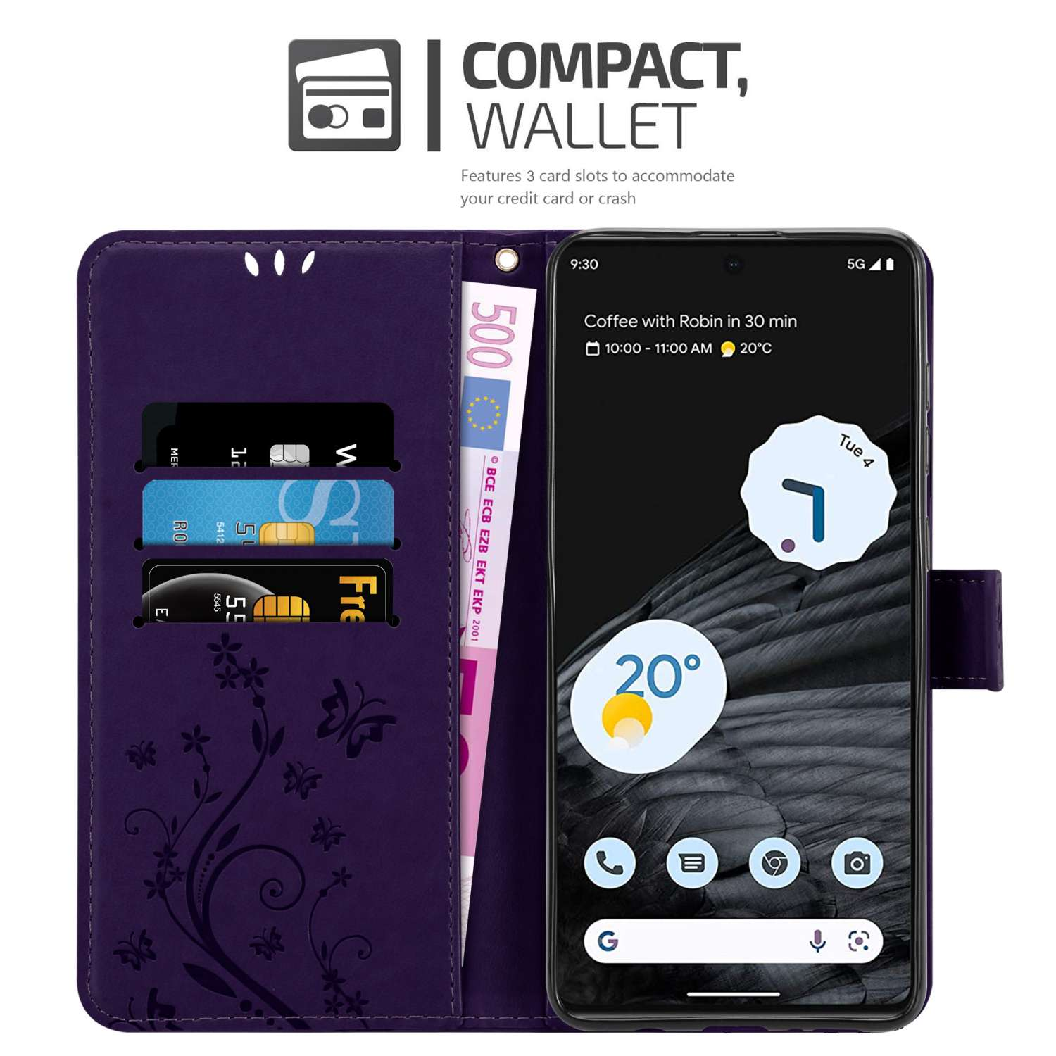 Custodia viola per telefono con fessure per carte, che mostra uno schermo del telefono con ora e calendario.