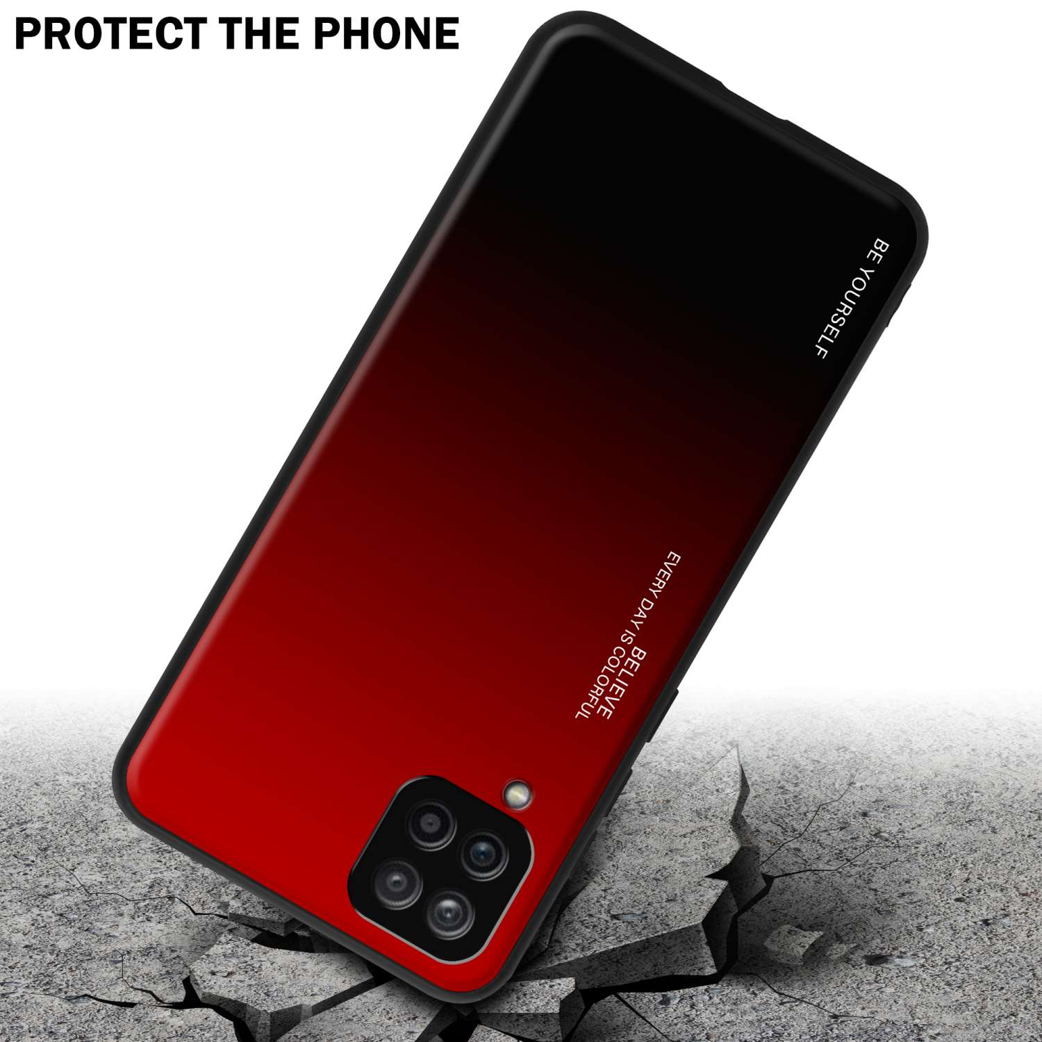 Custodia per telefono rossa e nera su una superficie incrinata, con bordo nero.