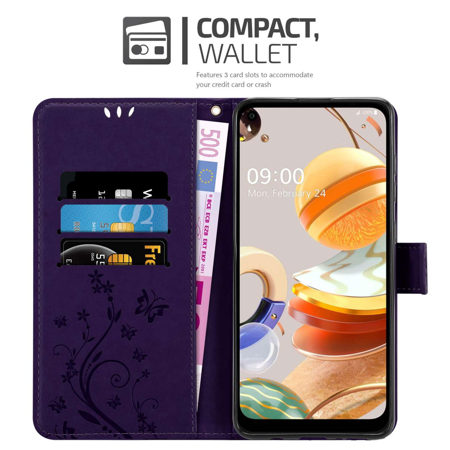 Portafoglio per telefono viola con carte e denaro all'interno. Il telefono mostra un calendario.