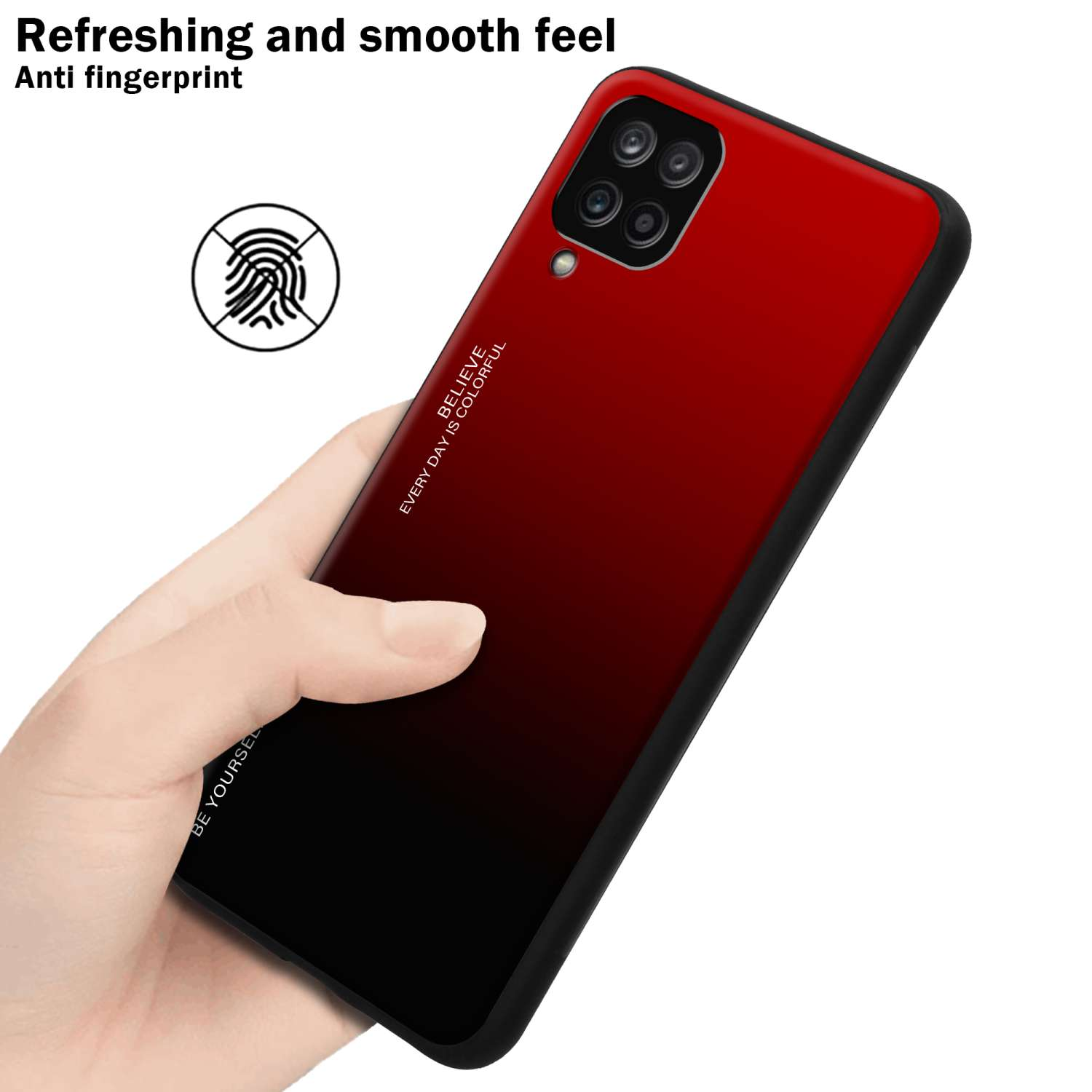 Custodia per telefono rossa e nera in mano, testo: "Sensazione liscia" e "Ogni giorno è colorato".