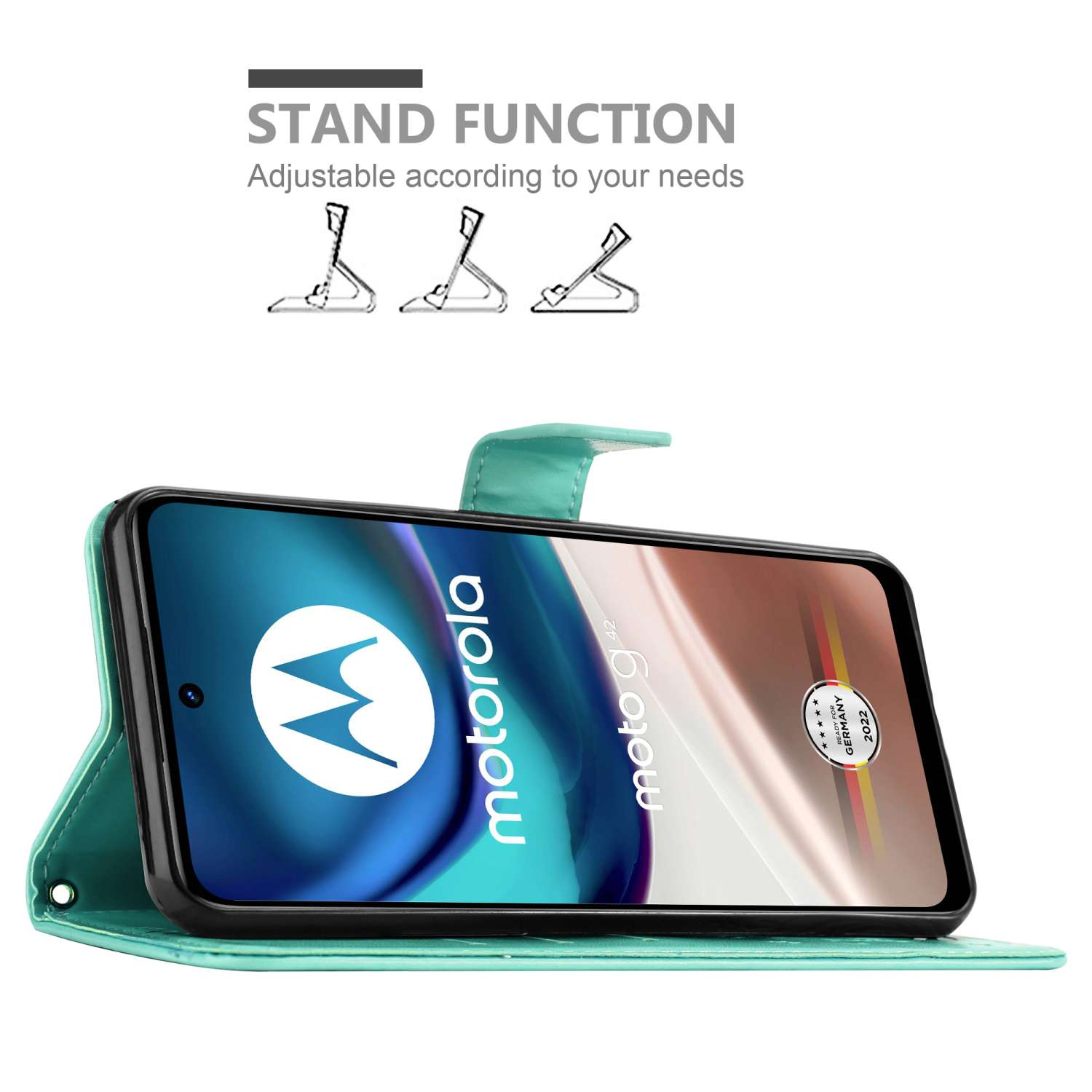 Una custodia per telefono verde acqua con un logo Motorola. È aperta per mostrare il telefono all'interno.