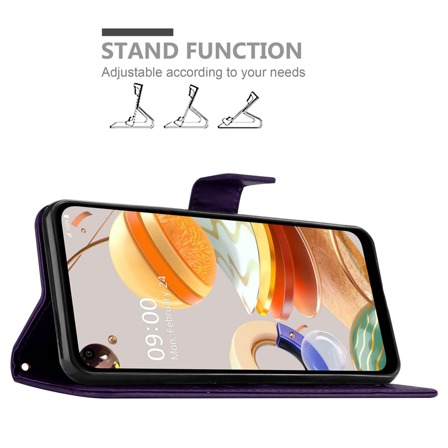 Telefono in custodia viola, con funzione stand. Mostra lo schermo del telefono.
