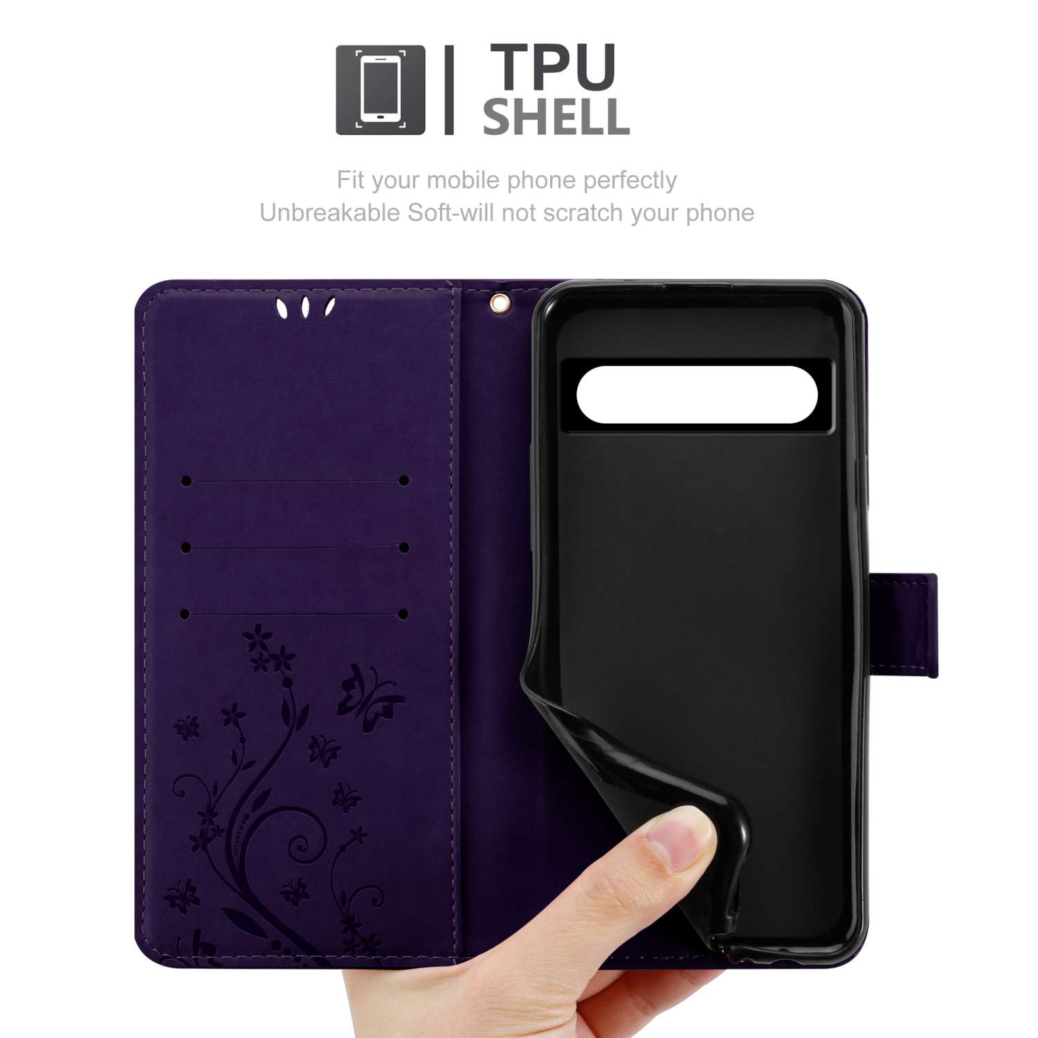 Custodia per telefono viola, aperta con un telefono nero all'interno. Con scomparti per carte e motivo floreale.