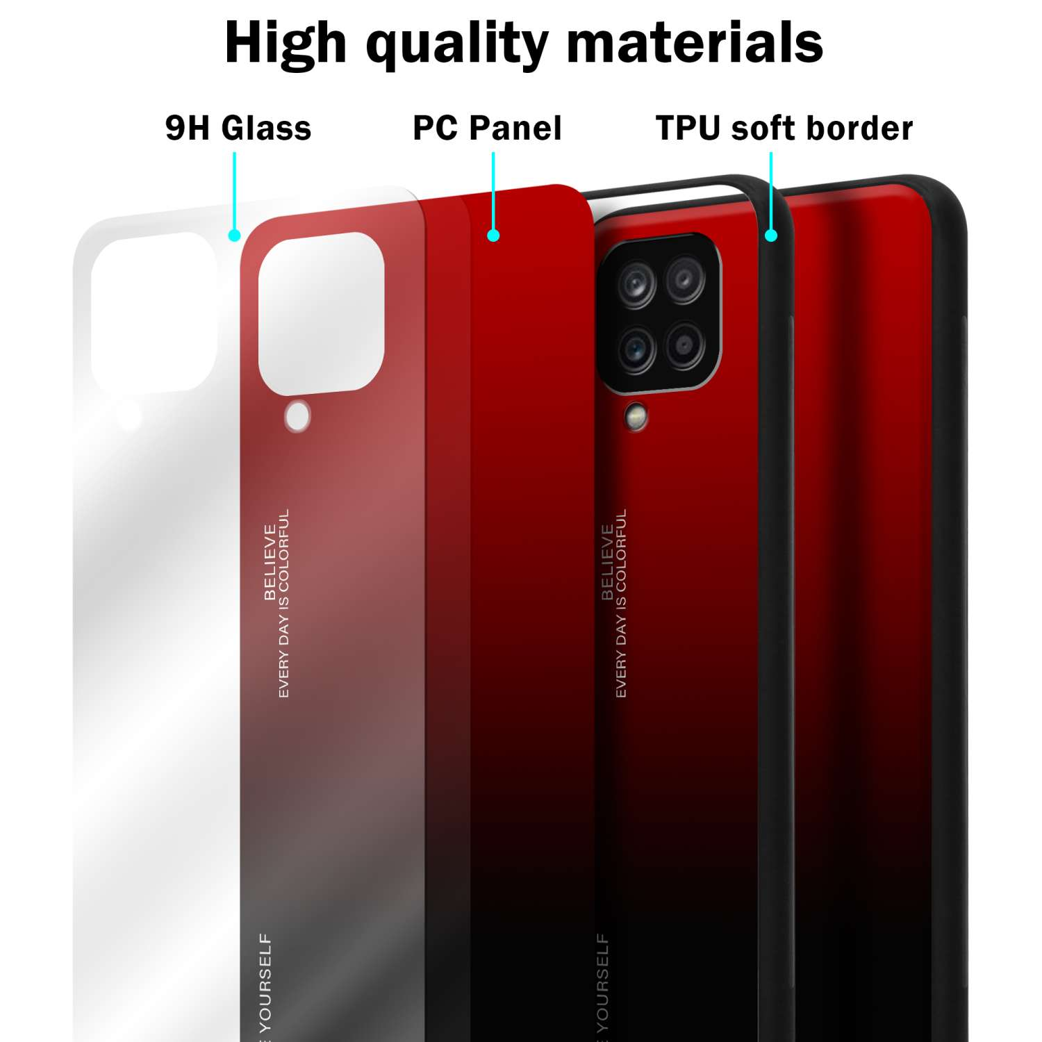 Strati della custodia del telefono: Vetro 9H, pannello PC, bordo morbido in TPU. Gradiente rosso-nero.