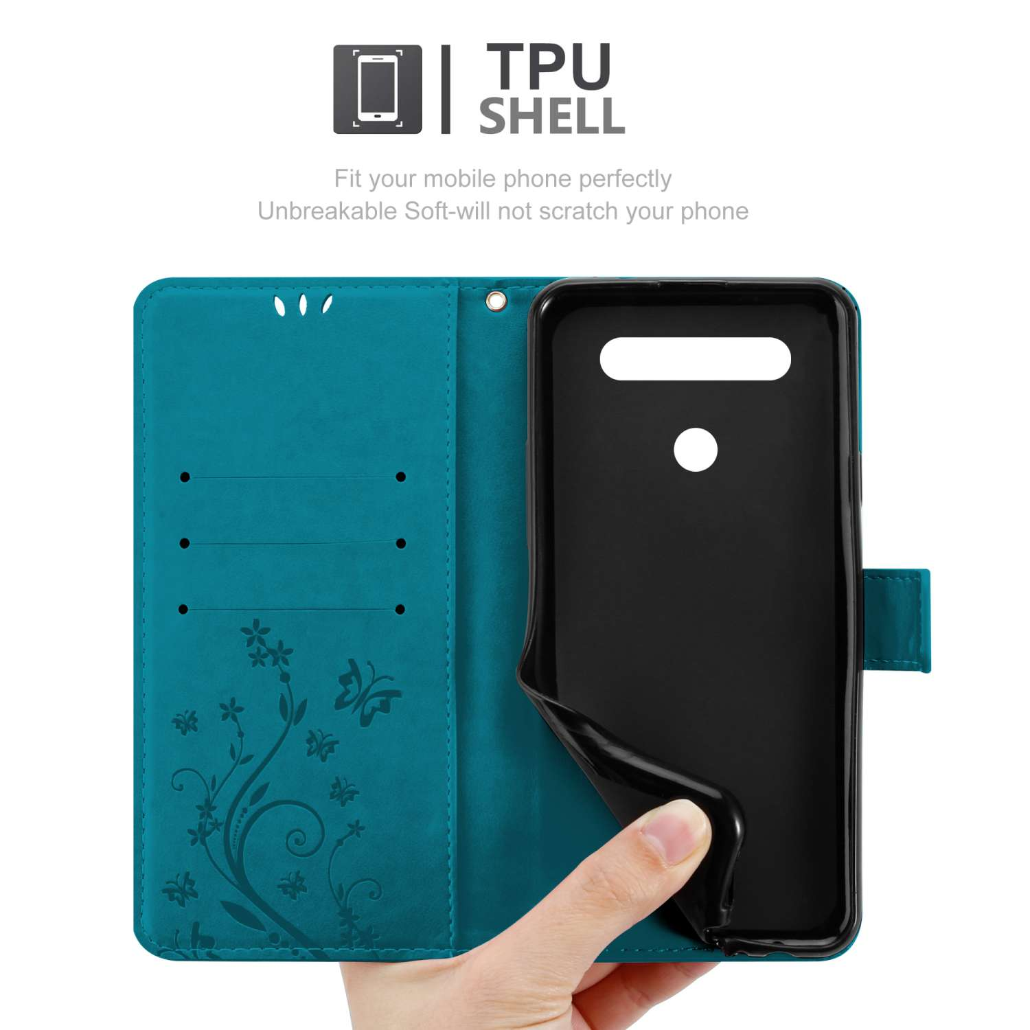 Una custodia per telefono aperta, turchese con un design floreale, che mostra il supporto interno del telefono.