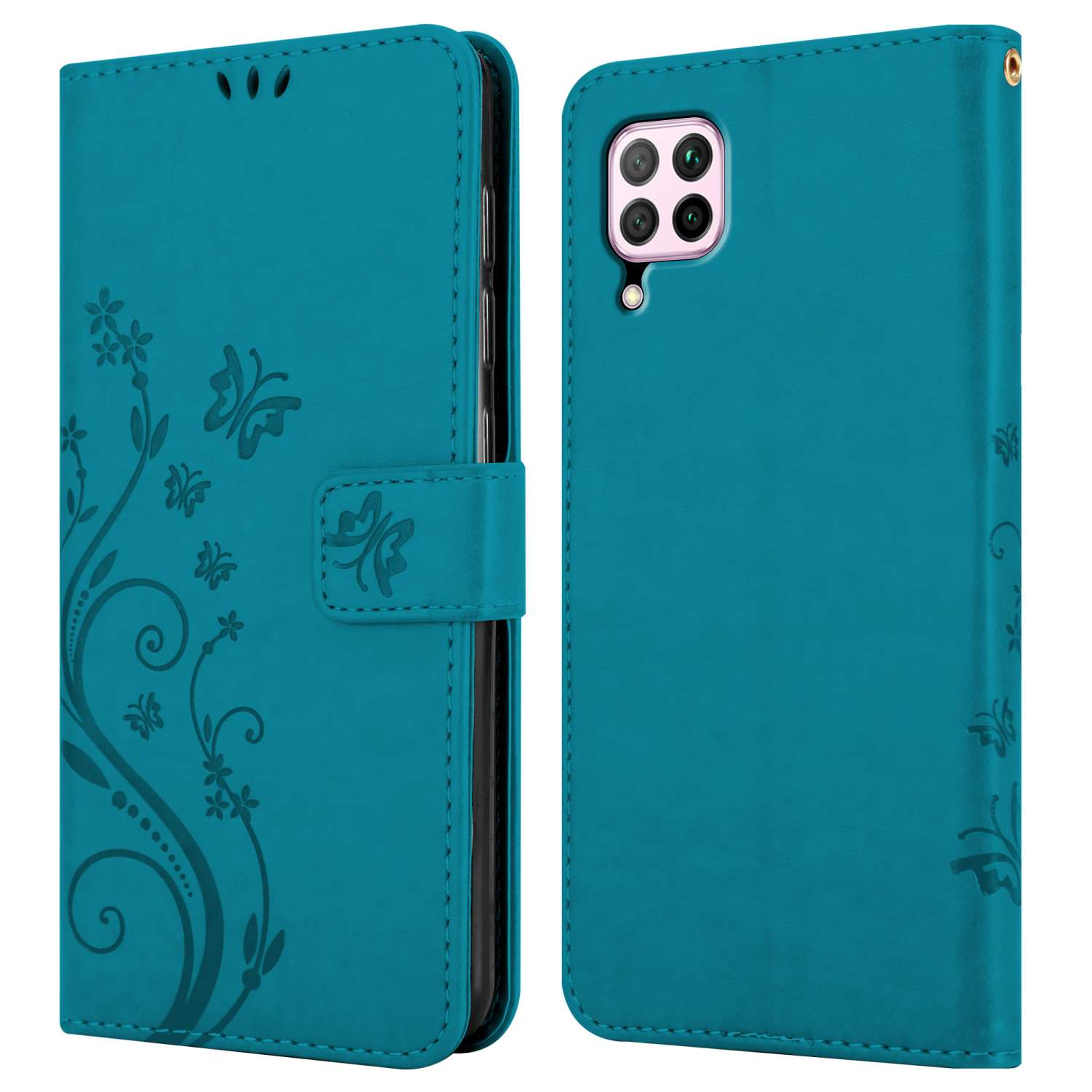 Türkisfarbene Handyhülle geöffnet. Schmetterlinge und Blumendesign links. Telefon mit rosa Kamera. Weißer Hintergrund.